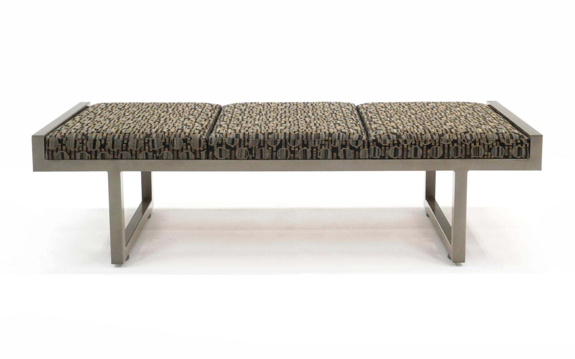 60 inch Bench with gray / taupe powder coated heavy steel frame and patterned fabric. Like new condition.