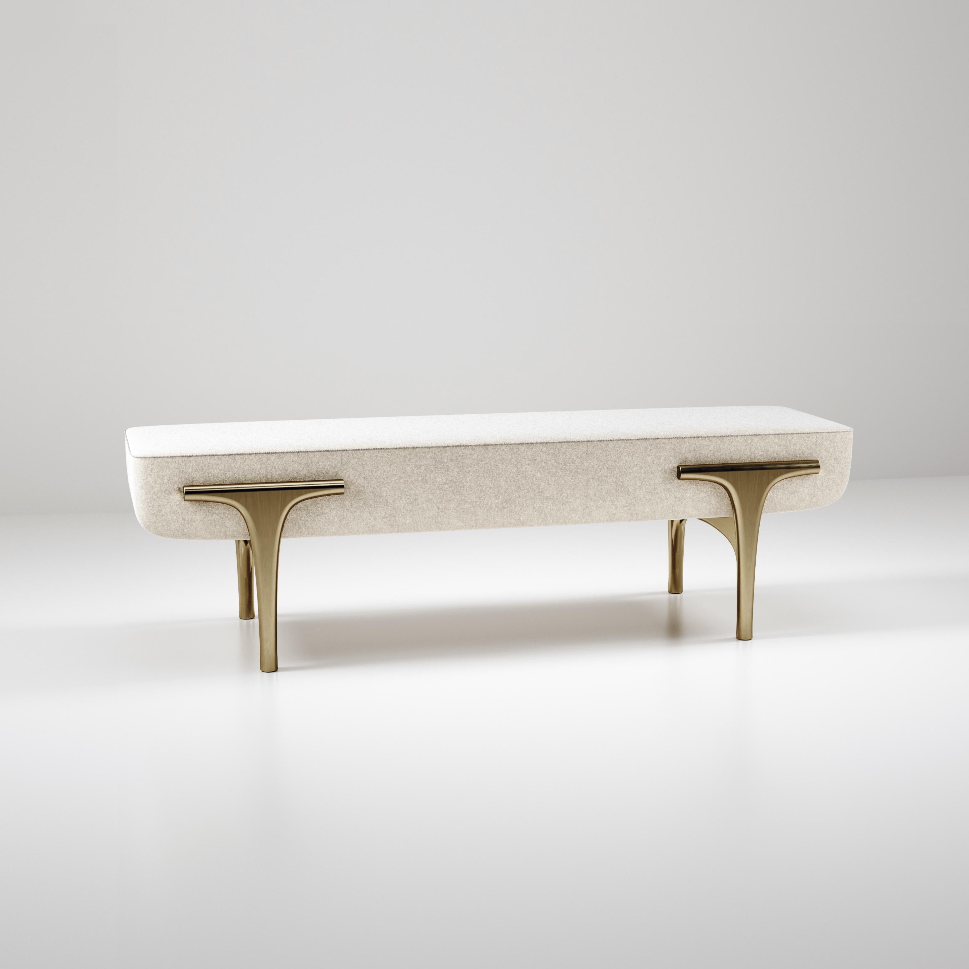 Art Deco Upholstered Bench with Bronze-Patina Brass Details by R&Y Augousti For Sale