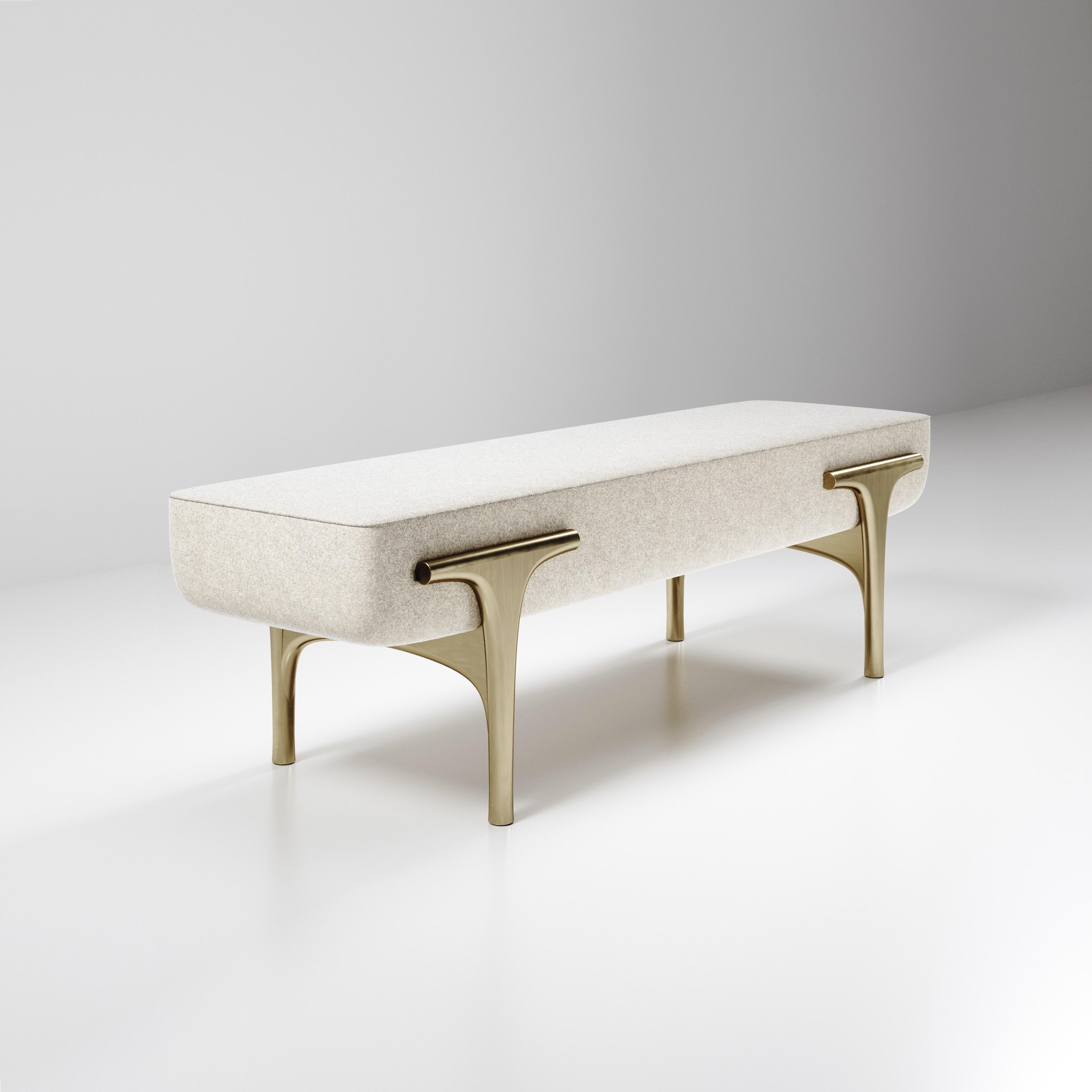 Hand-Crafted Upholstered Bench with Bronze-Patina Brass Details by R&Y Augousti For Sale