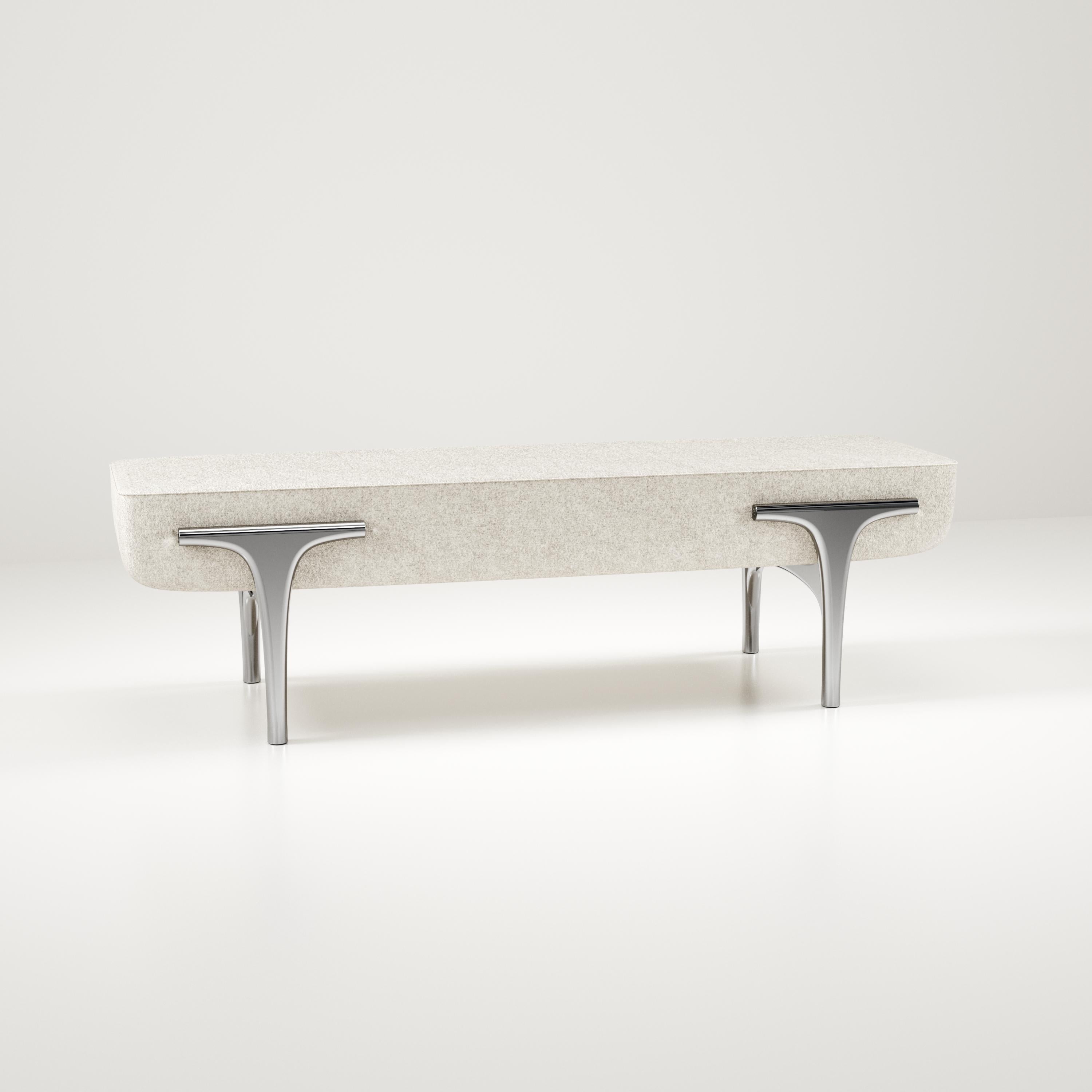 Upholstered Bench with Chrome Finish Details by R&Y Augousti For Sale 12