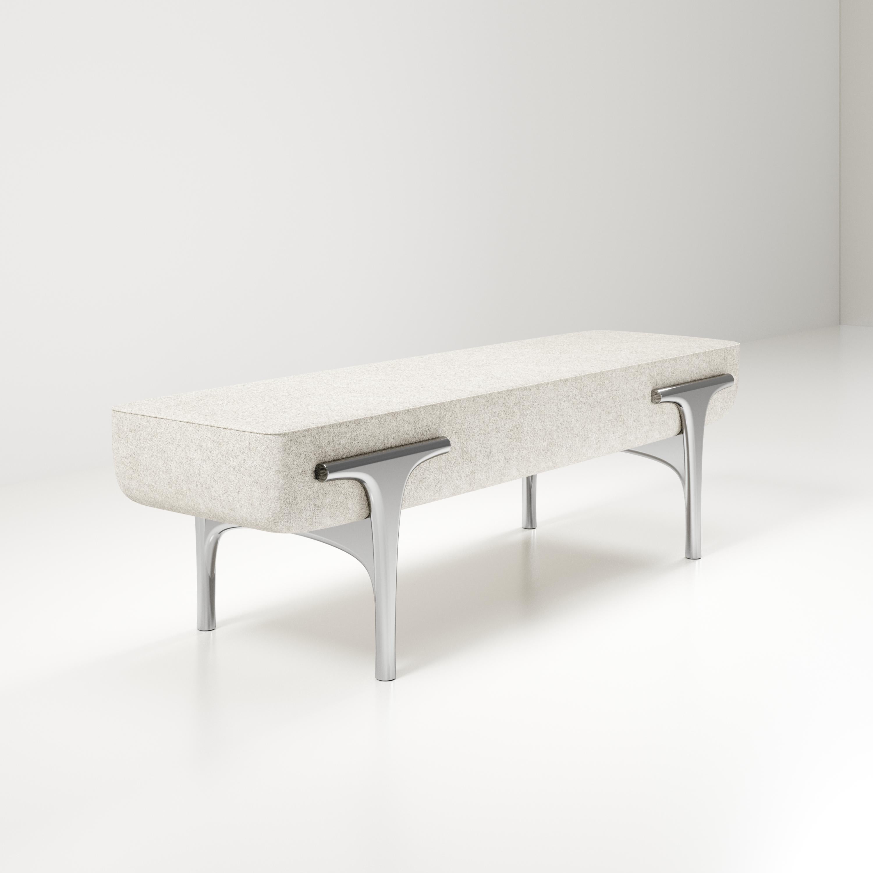 French Upholstered Bench with Chrome Finish Details by R&Y Augousti For Sale