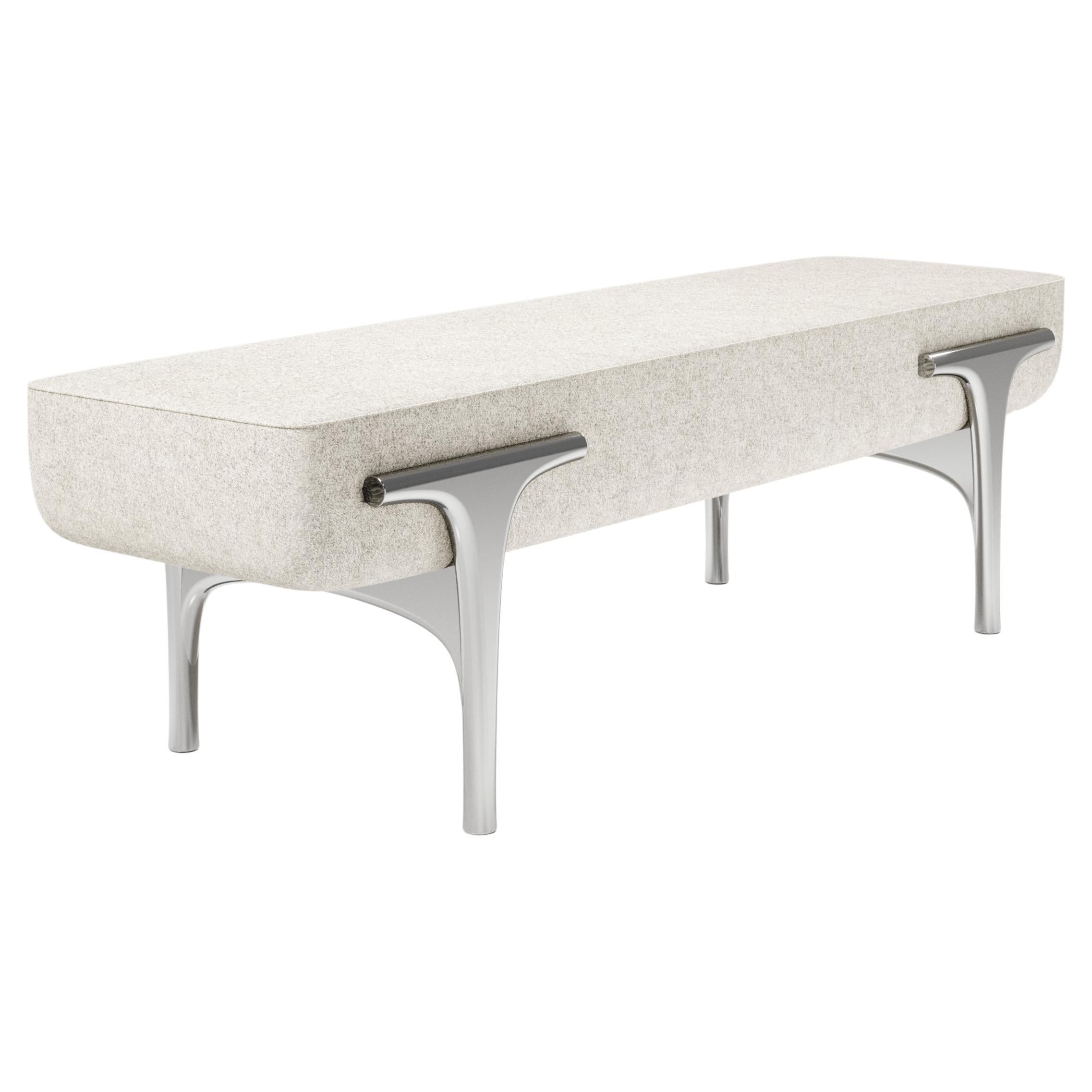 Upholstered Bench with Chrome Finish Details by R&Y Augousti For Sale
