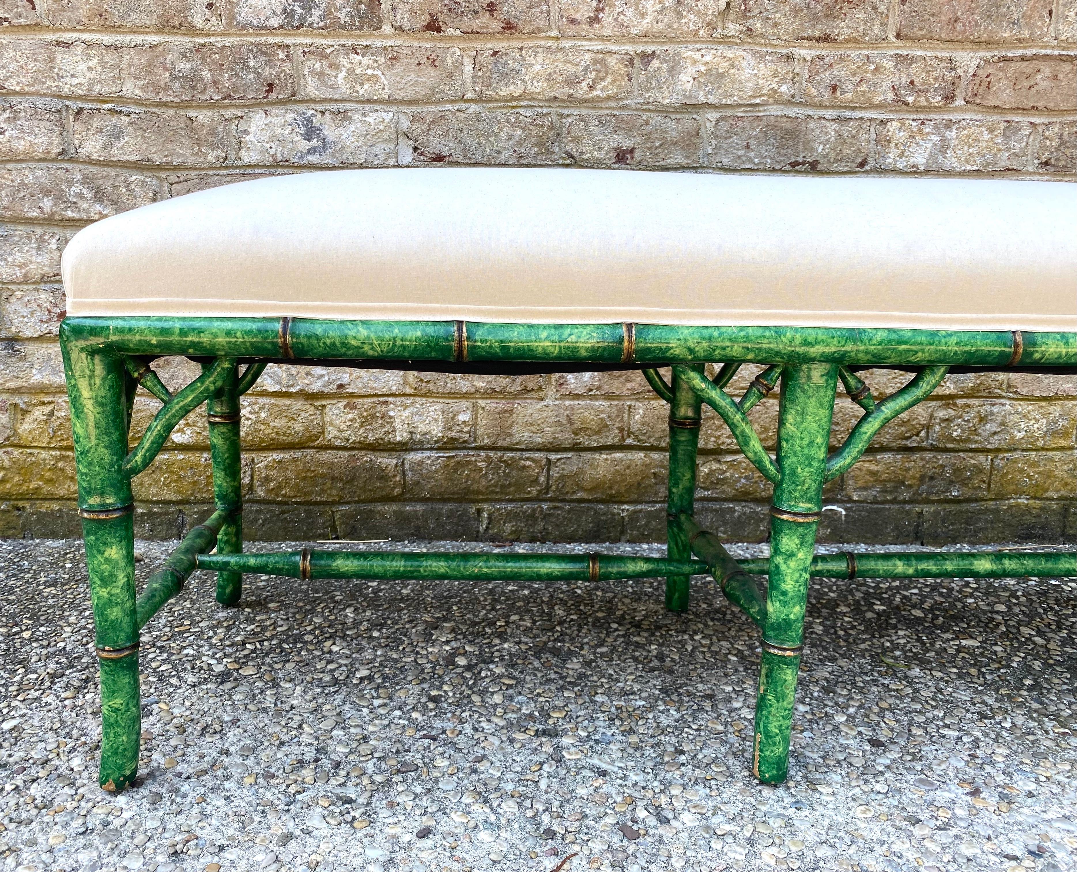 Carved bamboo six-legged bench faux painted green tortoise with newly restored upholstered seat in muslin....