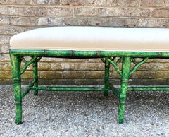 Upholstered Bench with Faux Painted Green Tortoise Faux Bamboo Frame