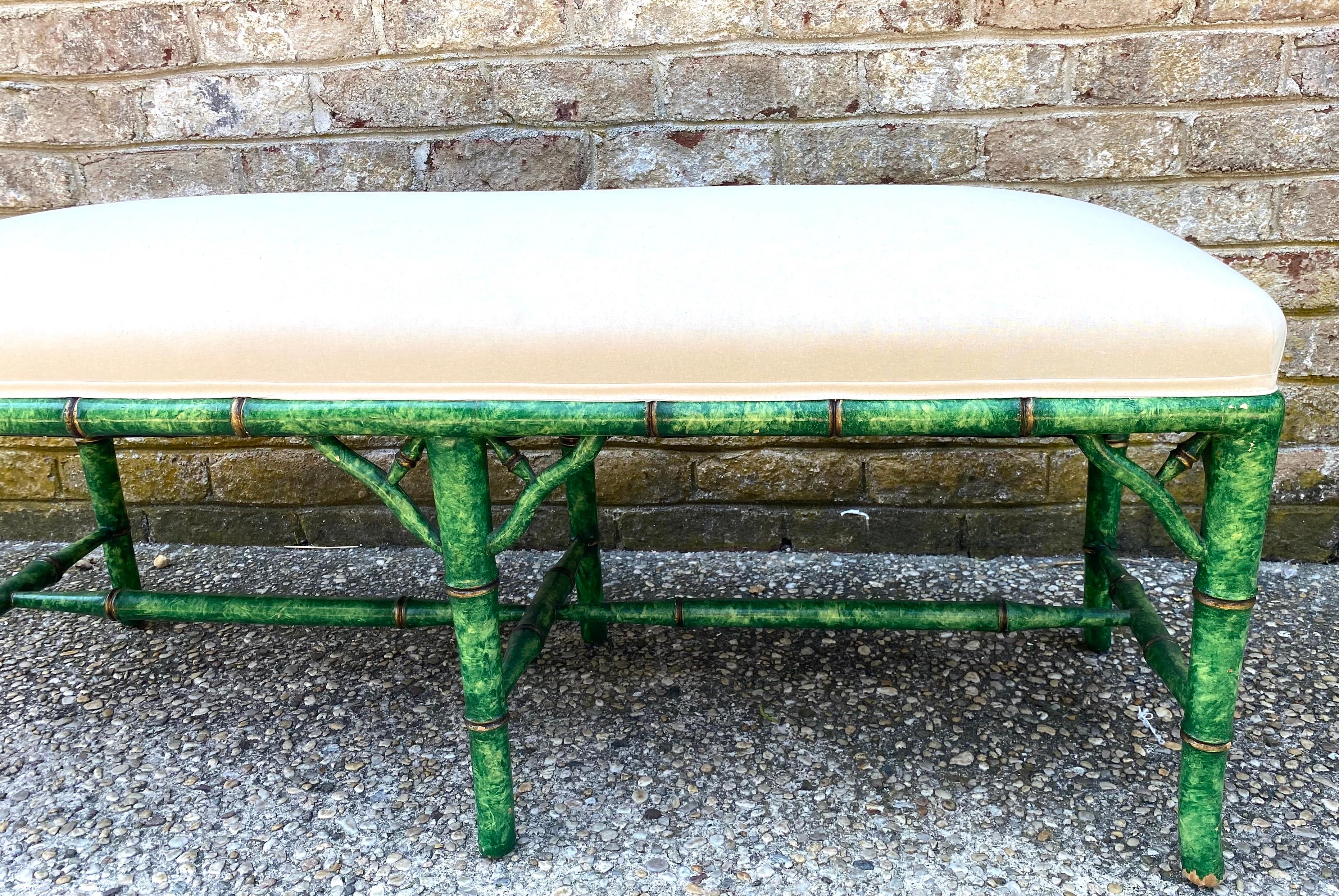 Upholstered Bench with Faux Painted Green Tortoise Faux Bamboo Frame In Good Condition For Sale In East Hampton, NY