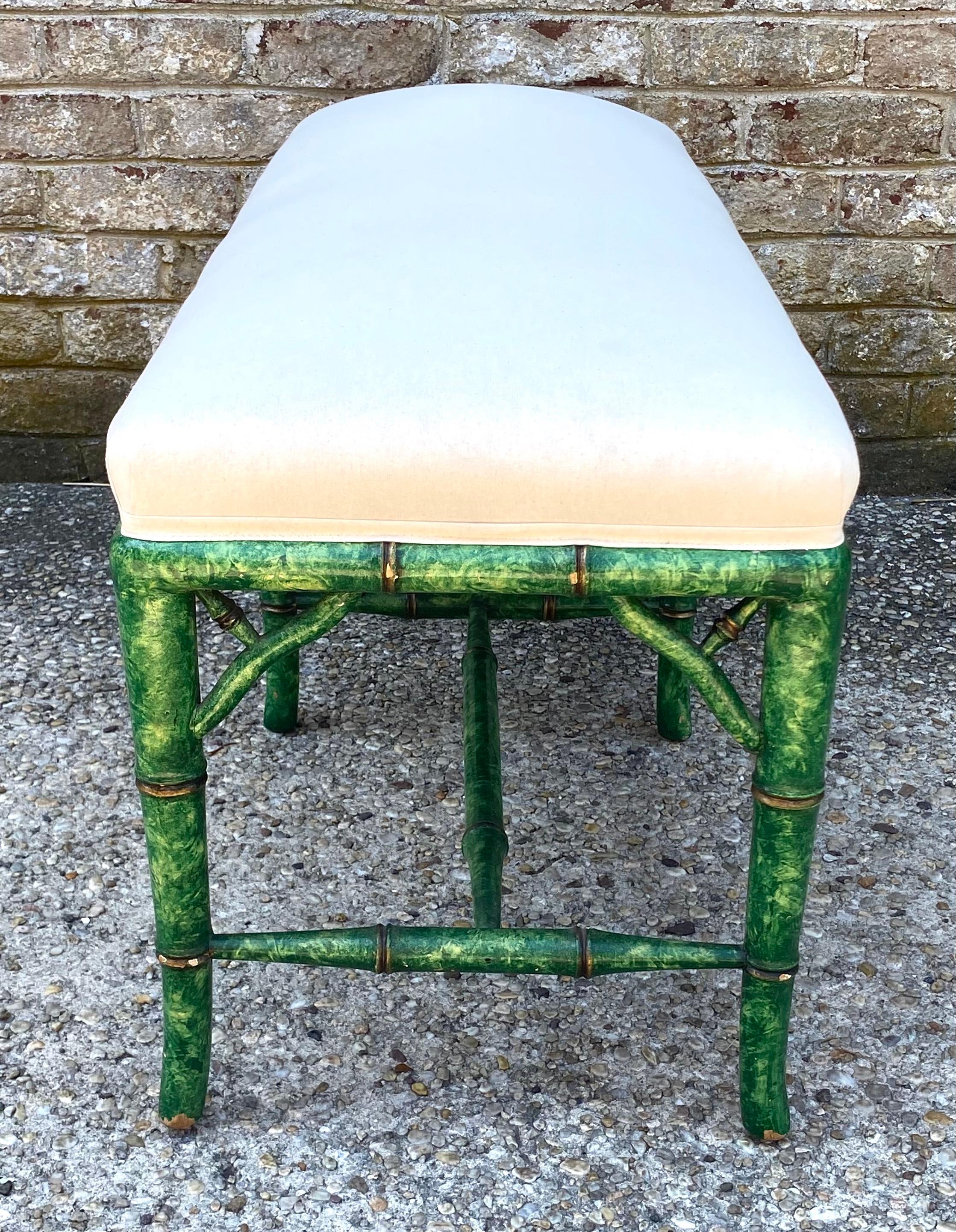 Wood Upholstered Bench with Faux Painted Green Tortoise Faux Bamboo Frame For Sale