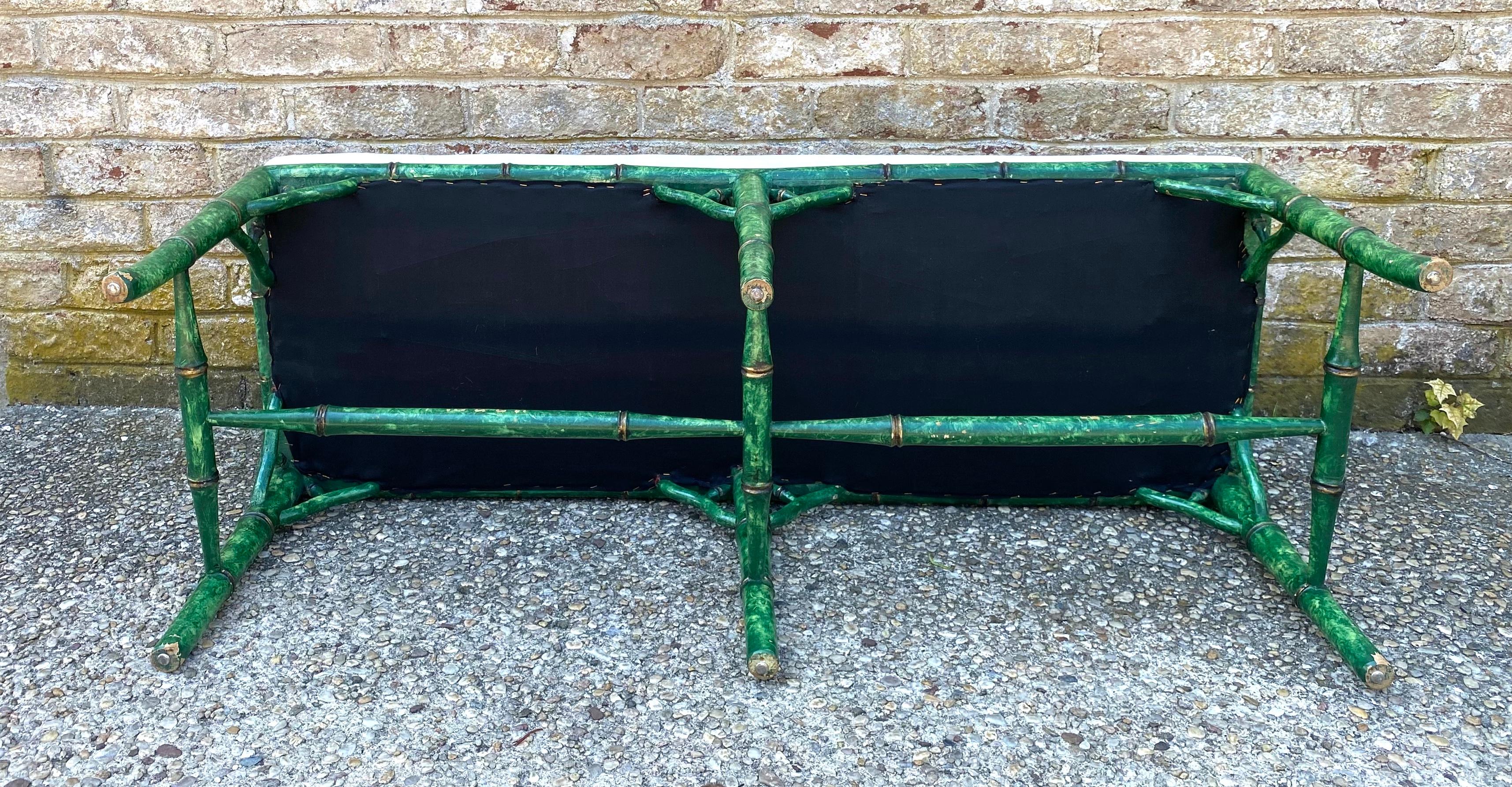 Upholstered Bench with Faux Painted Green Tortoise Faux Bamboo Frame For Sale 1