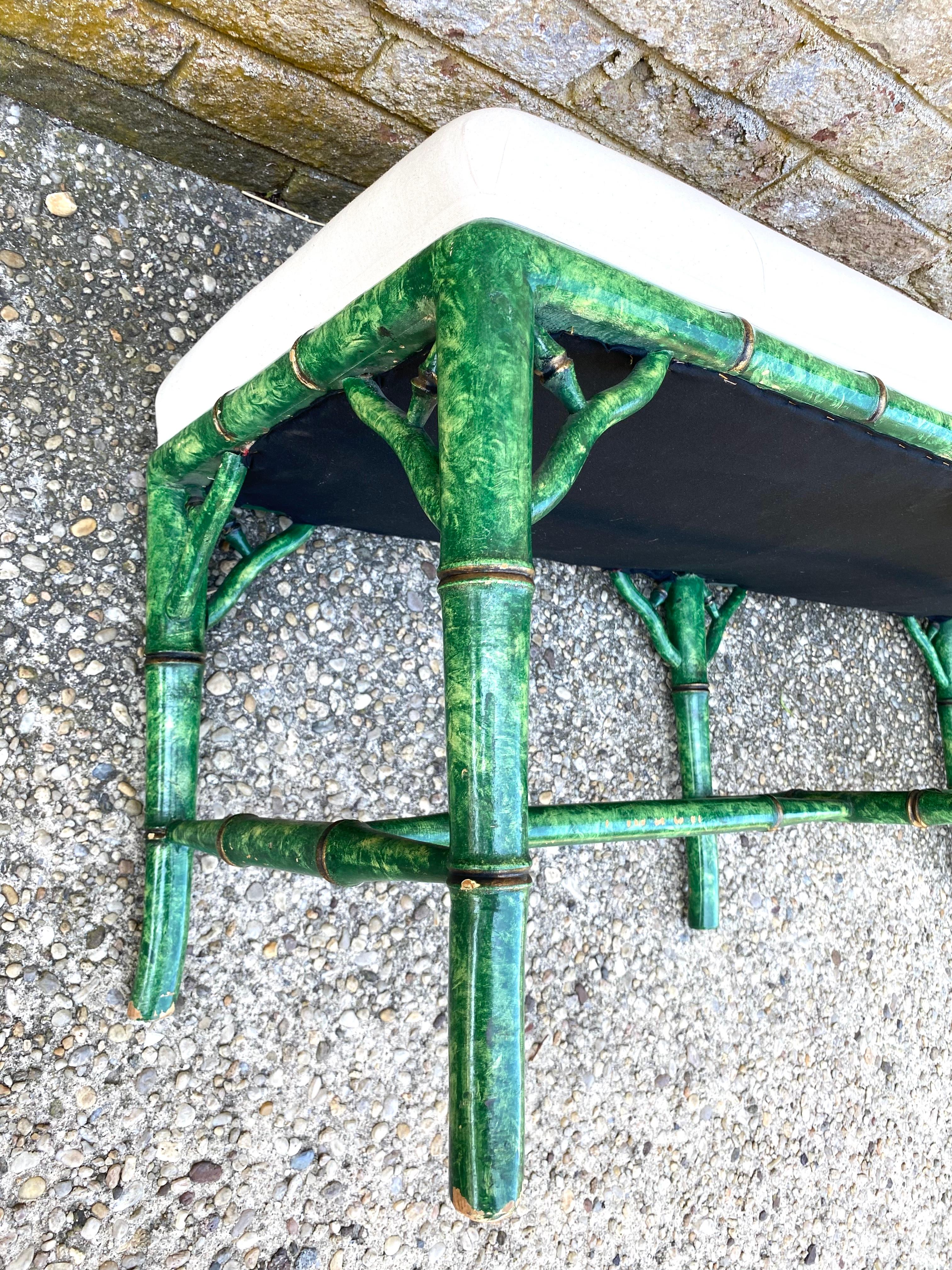 Upholstered Bench with Faux Painted Green Tortoise Faux Bamboo Frame For Sale 2