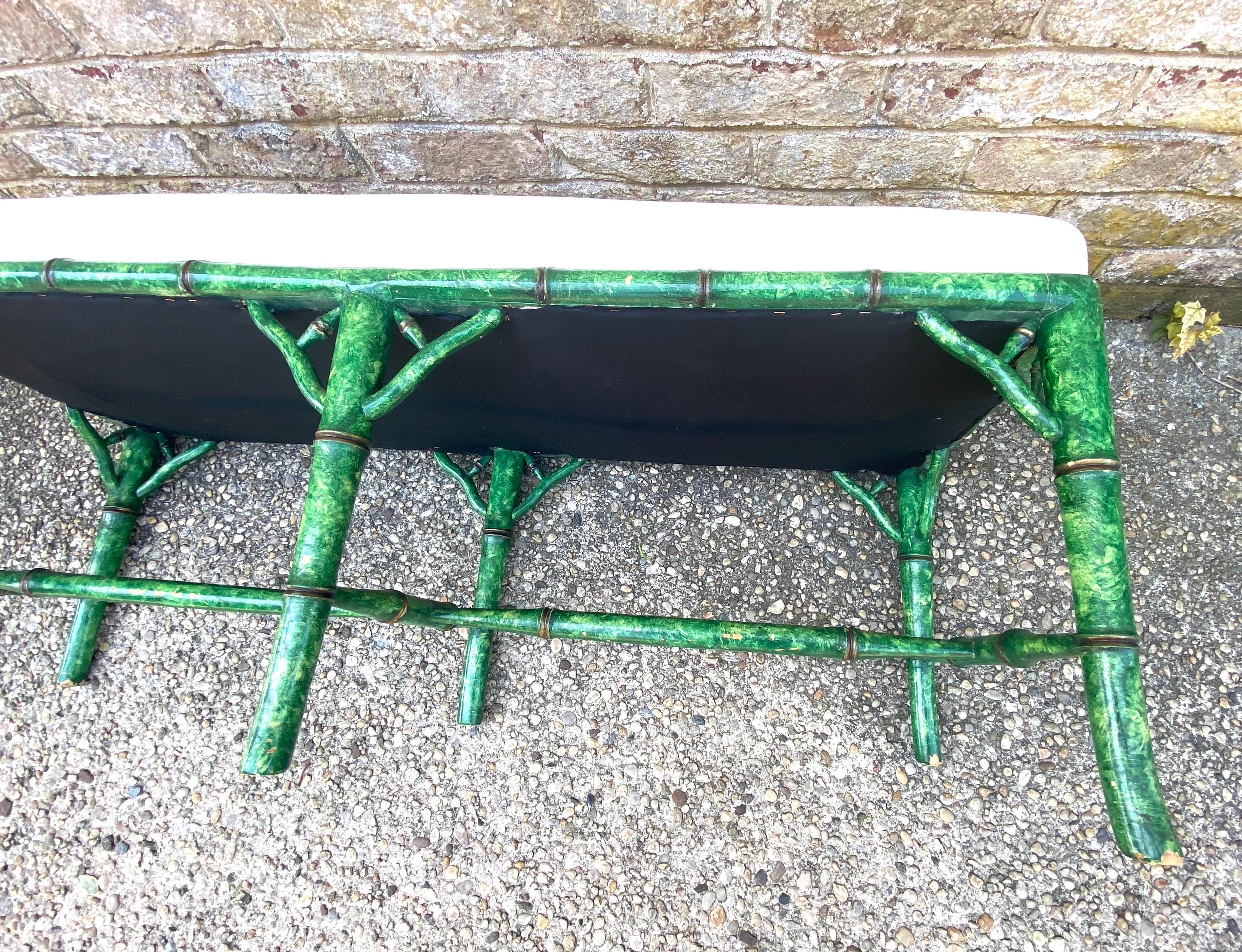 Upholstered Bench with Faux Painted Green Tortoise Faux Bamboo Frame For Sale 4