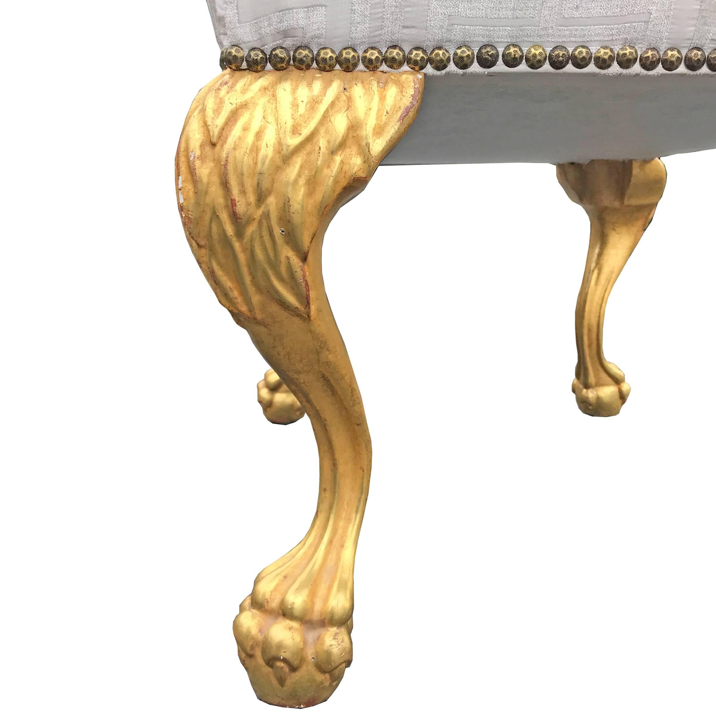 American Upholstered Bench with Giltwood Lion Paws