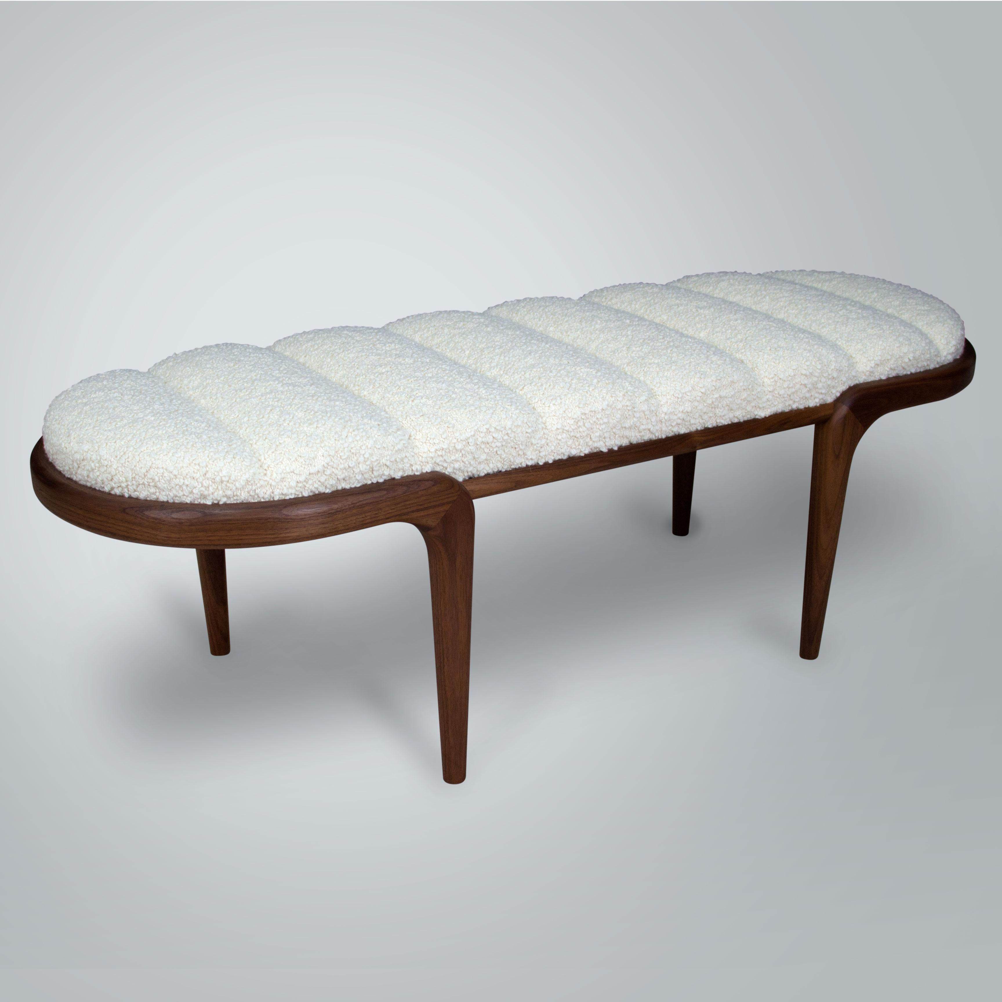 American Bent Walnut Margot Bench with White Bouclé Upholstery by Chapter & Verse