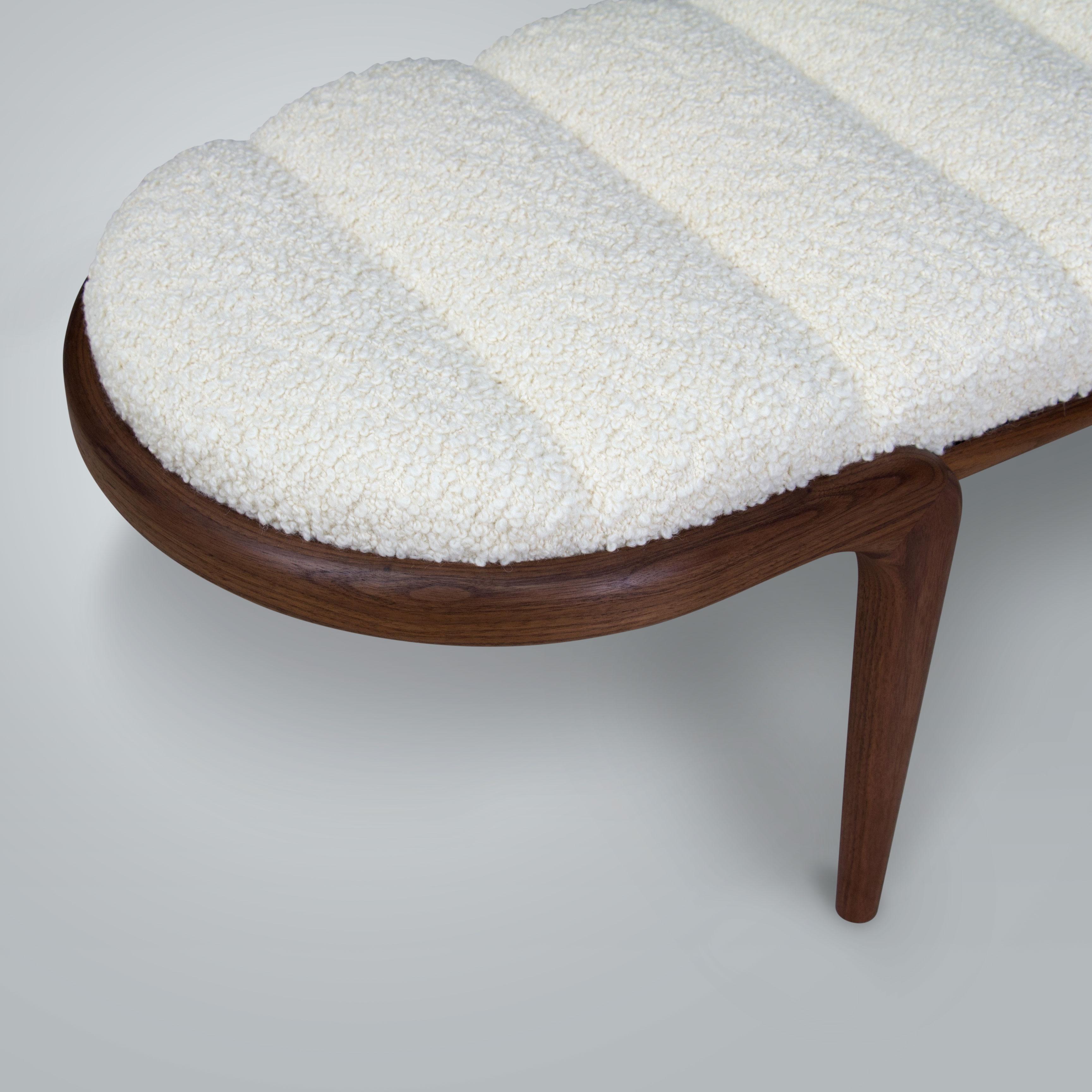 Oiled Bent Walnut Margot Bench with White Bouclé Upholstery by Chapter & Verse