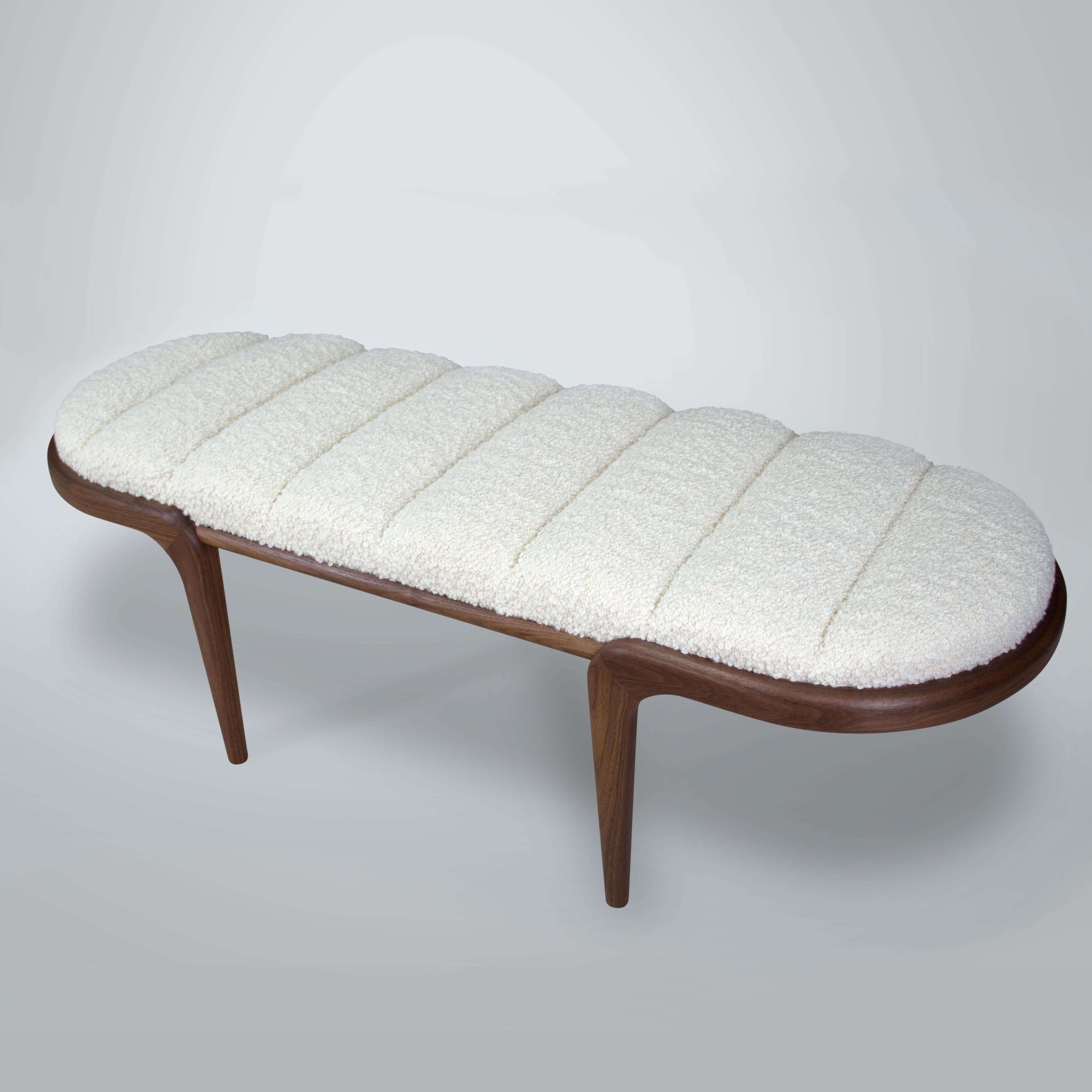 Bent Walnut Margot Bench with White Bouclé Upholstery by Chapter & Verse In New Condition In Brooklyn, NY
