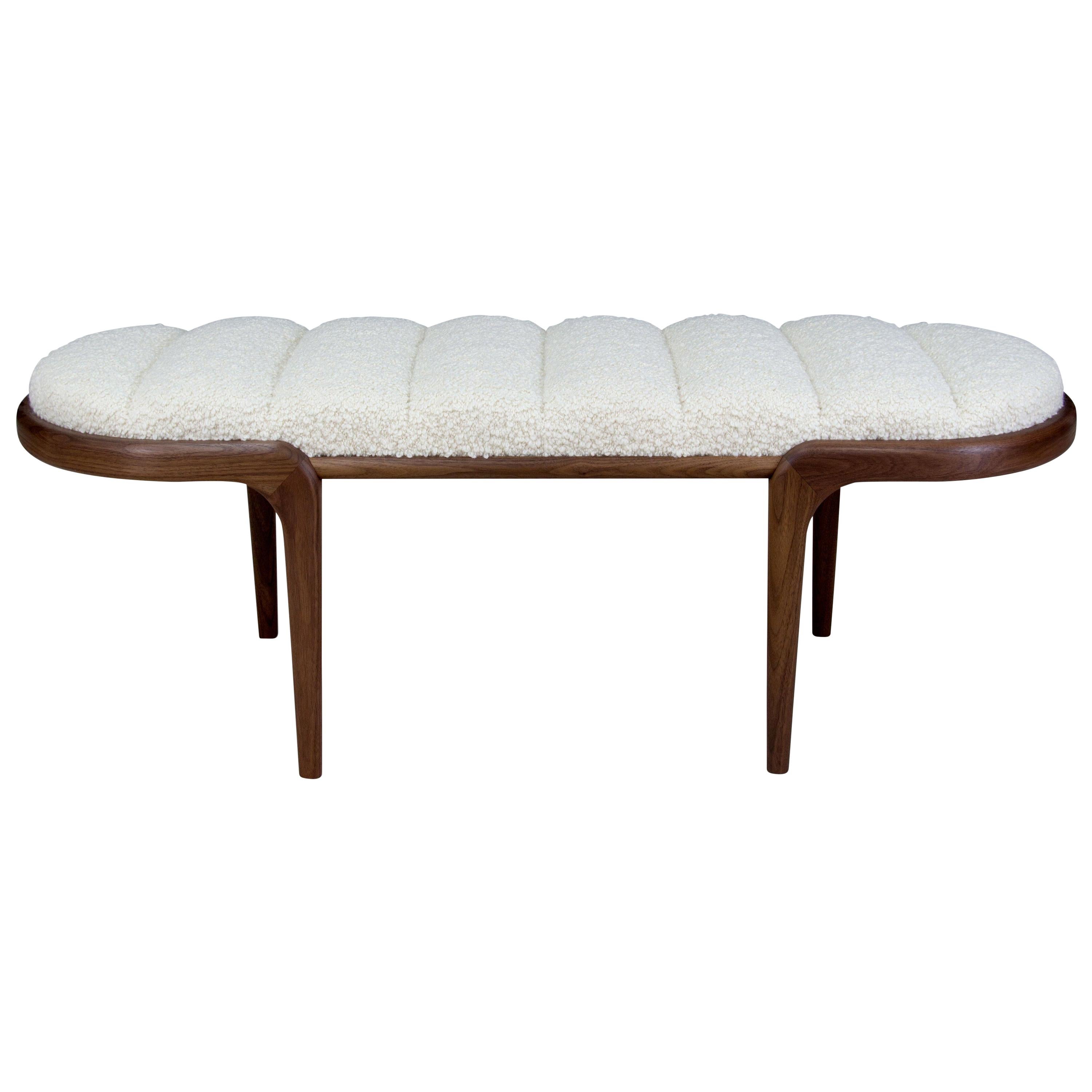 Bent Walnut Margot Bench with White Bouclé Upholstery by Chapter & Verse