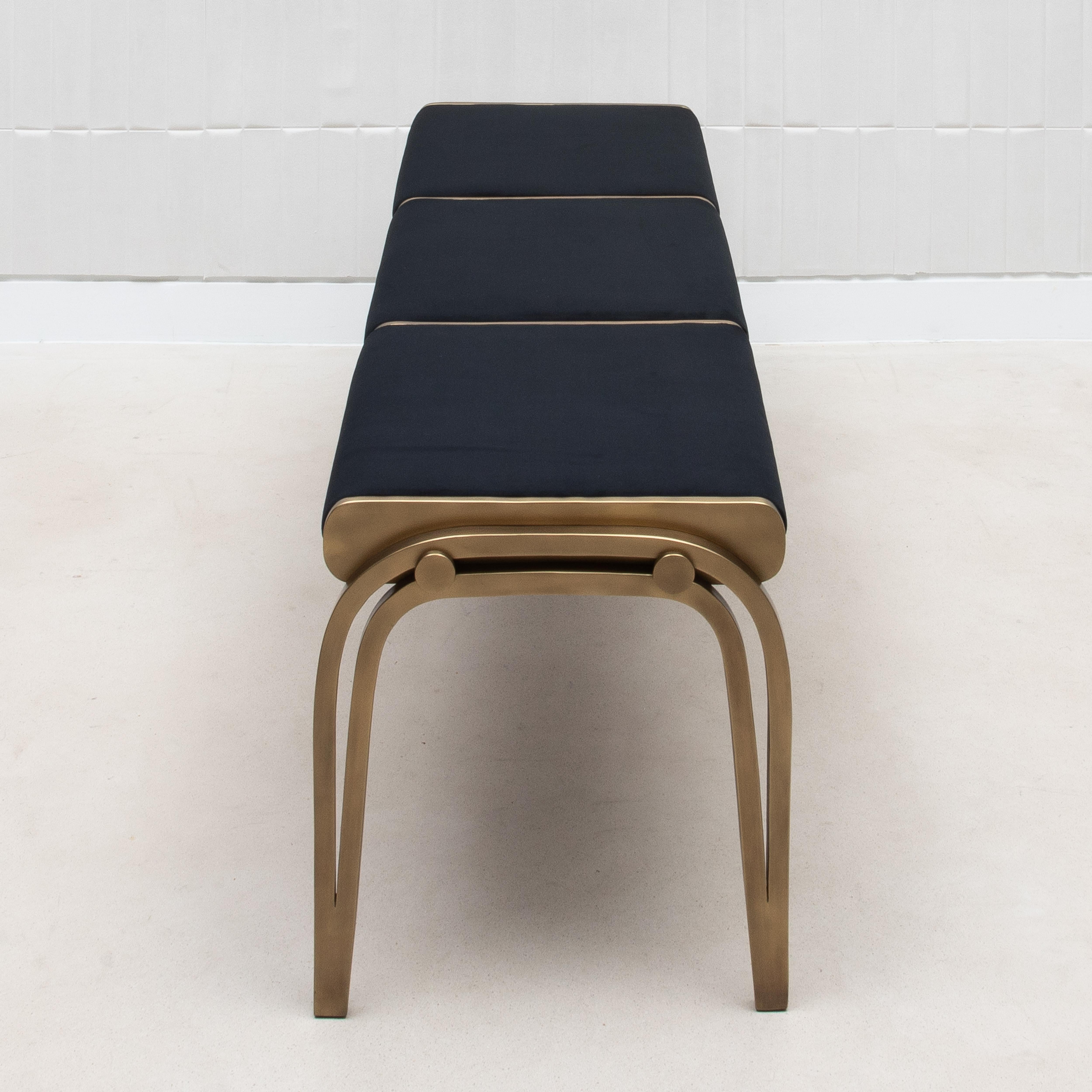 Upholstered Black Velvet Bench with Bronze Patina Brass Detail by R&Y Augousti For Sale 3