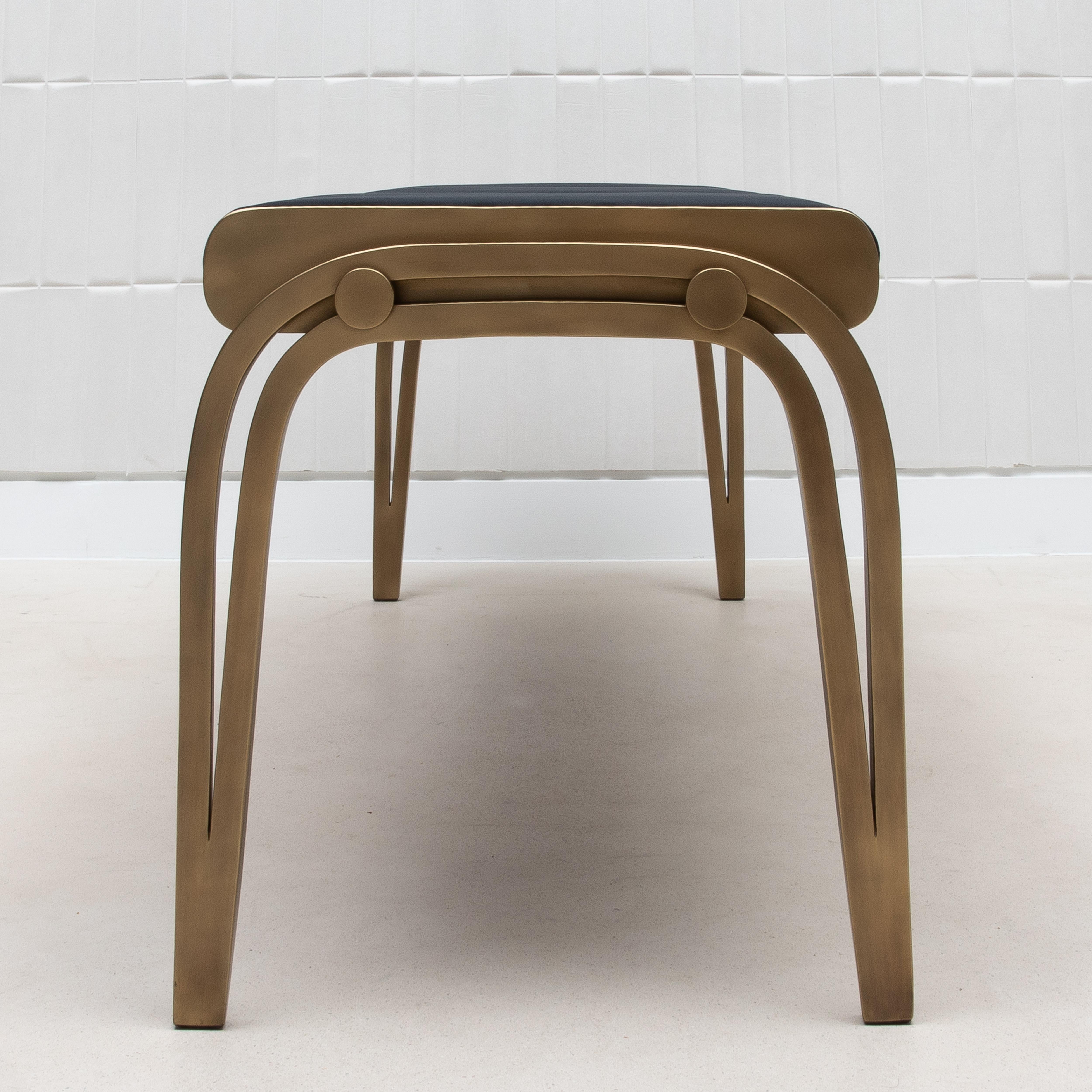 Upholstered Black Velvet Bench with Bronze Patina Brass Detail by R&Y Augousti For Sale 4