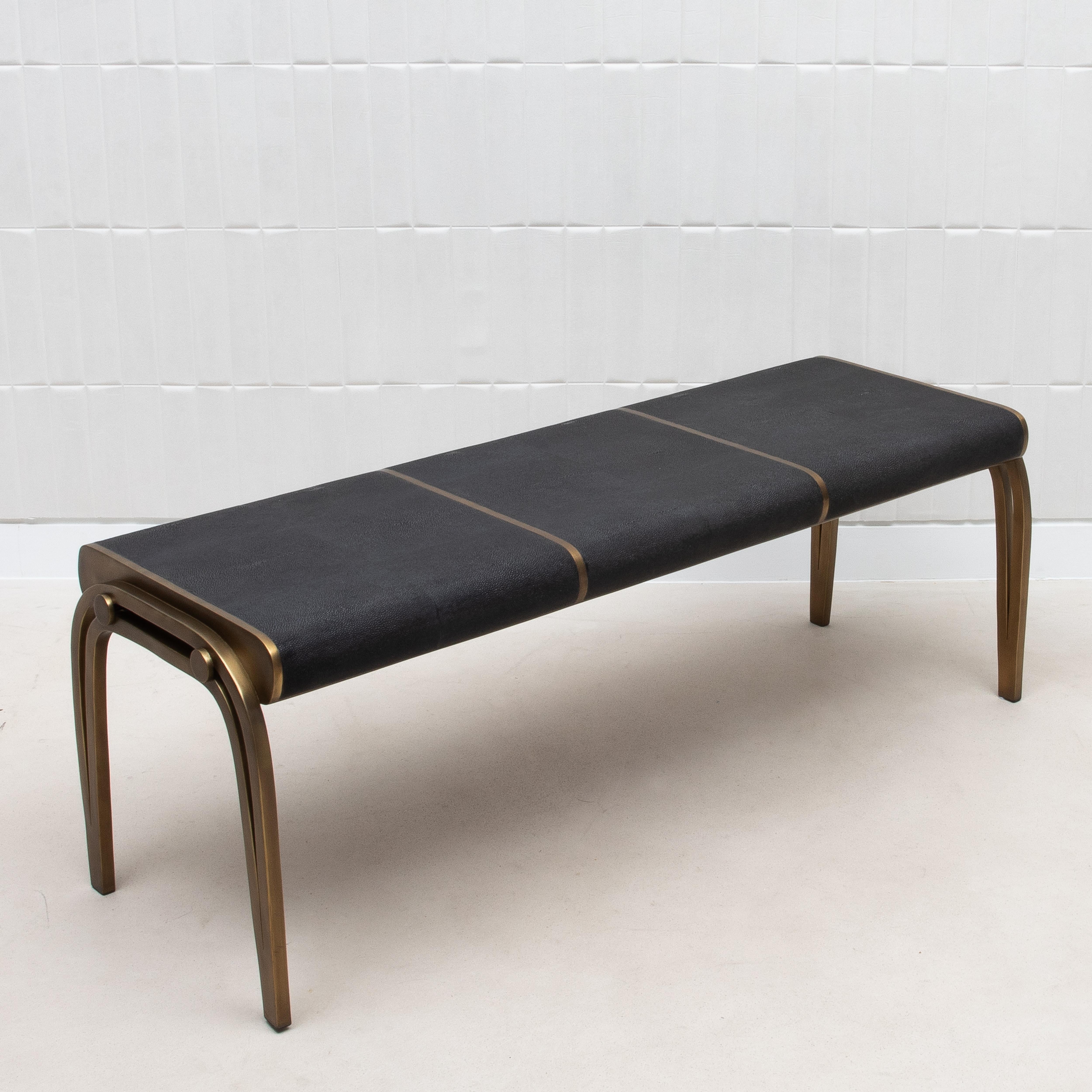 Upholstered Black Velvet Bench with Bronze Patina Brass Detail by R&Y Augousti For Sale 5