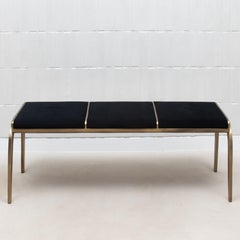 Upholstered Black Velvet Bench with Bronze Patina Brass Detail by R&Y Augousti