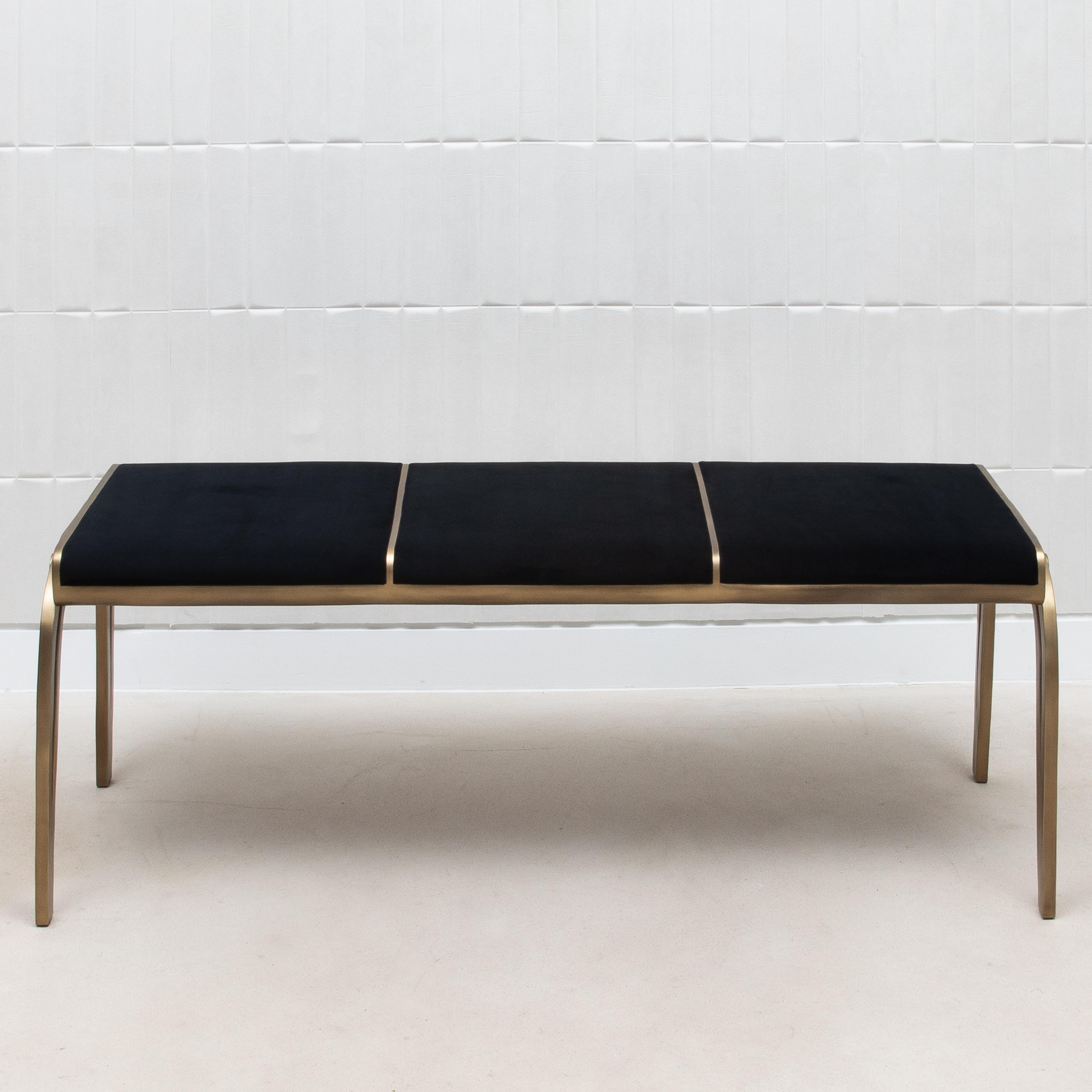 Art Deco Upholstered Black Velvet Bench with Bronze Patina Brass Detail by R&Y Augousti For Sale