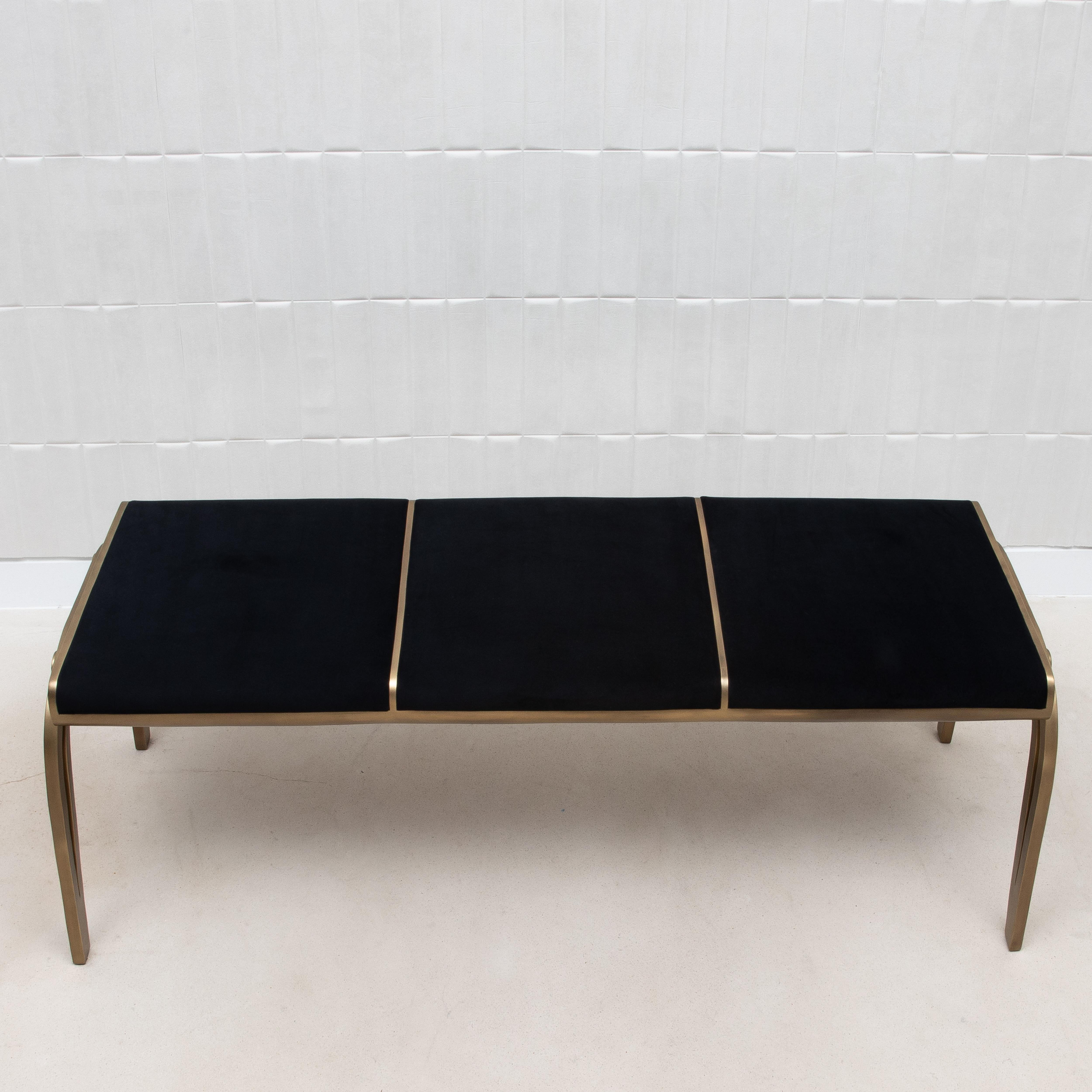 Philippine Upholstered Black Velvet Bench with Bronze Patina Brass Detail by R&Y Augousti For Sale