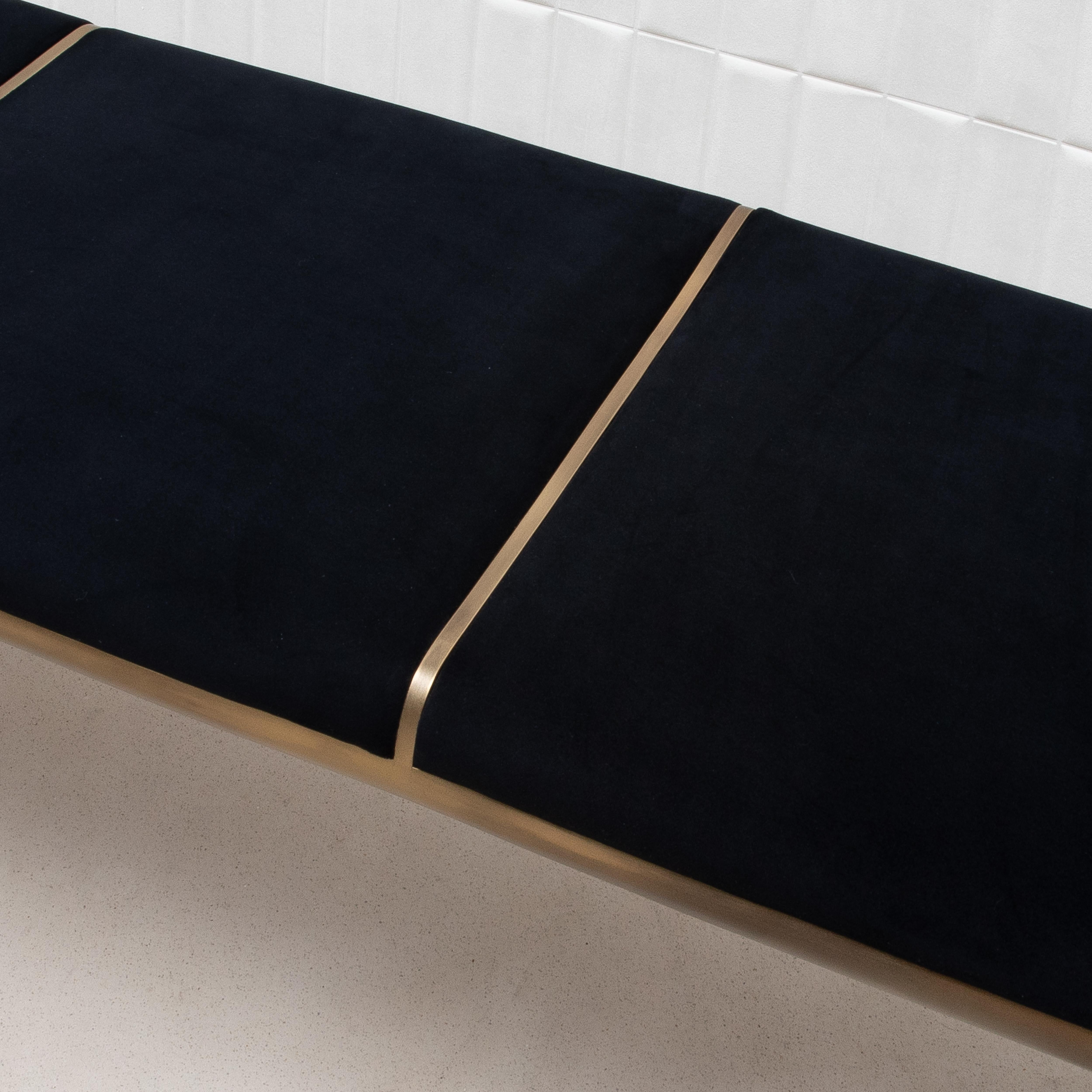 Hand-Crafted Upholstered Black Velvet Bench with Bronze Patina Brass Detail by R&Y Augousti For Sale