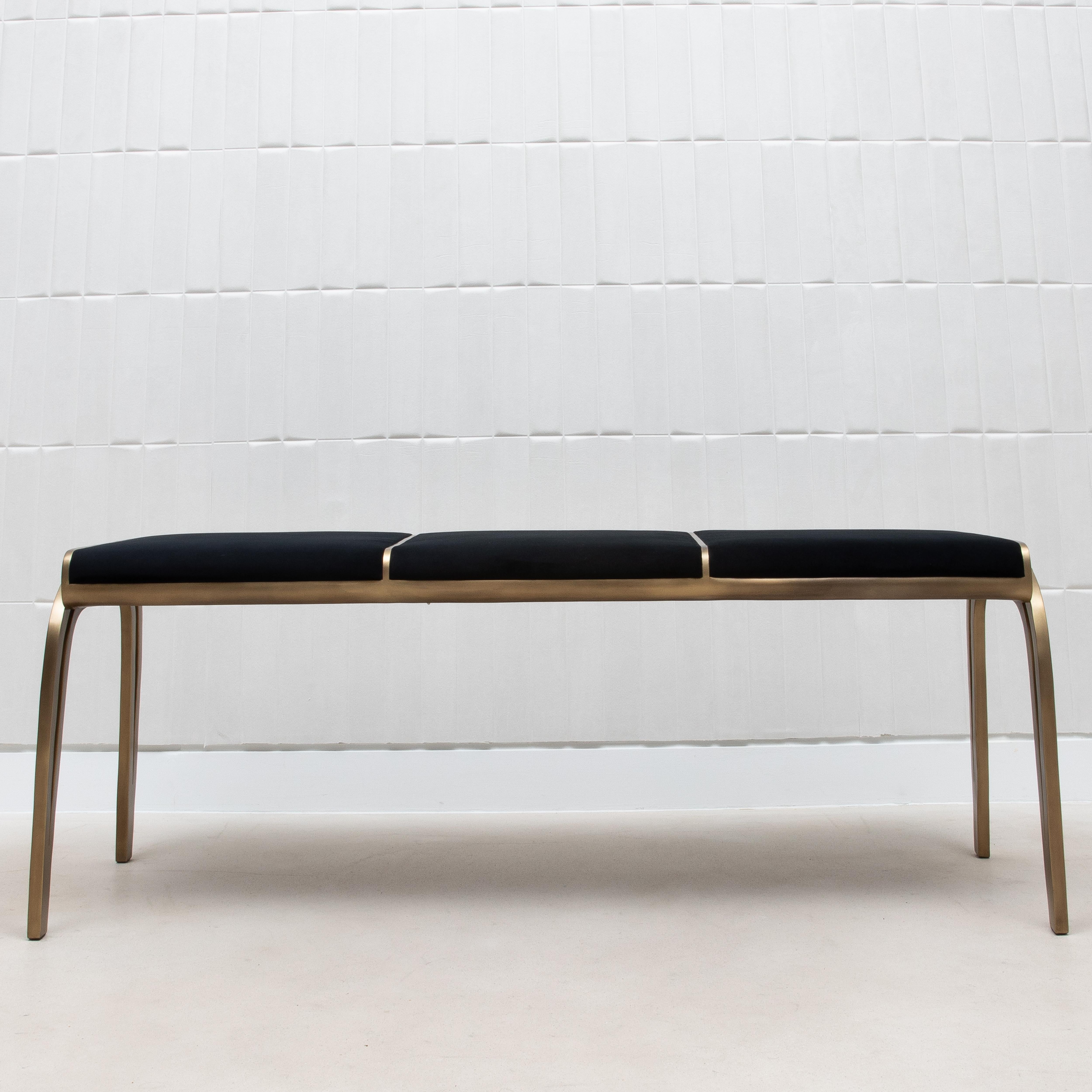 Contemporary Upholstered Black Velvet Bench with Bronze Patina Brass Detail by R&Y Augousti For Sale