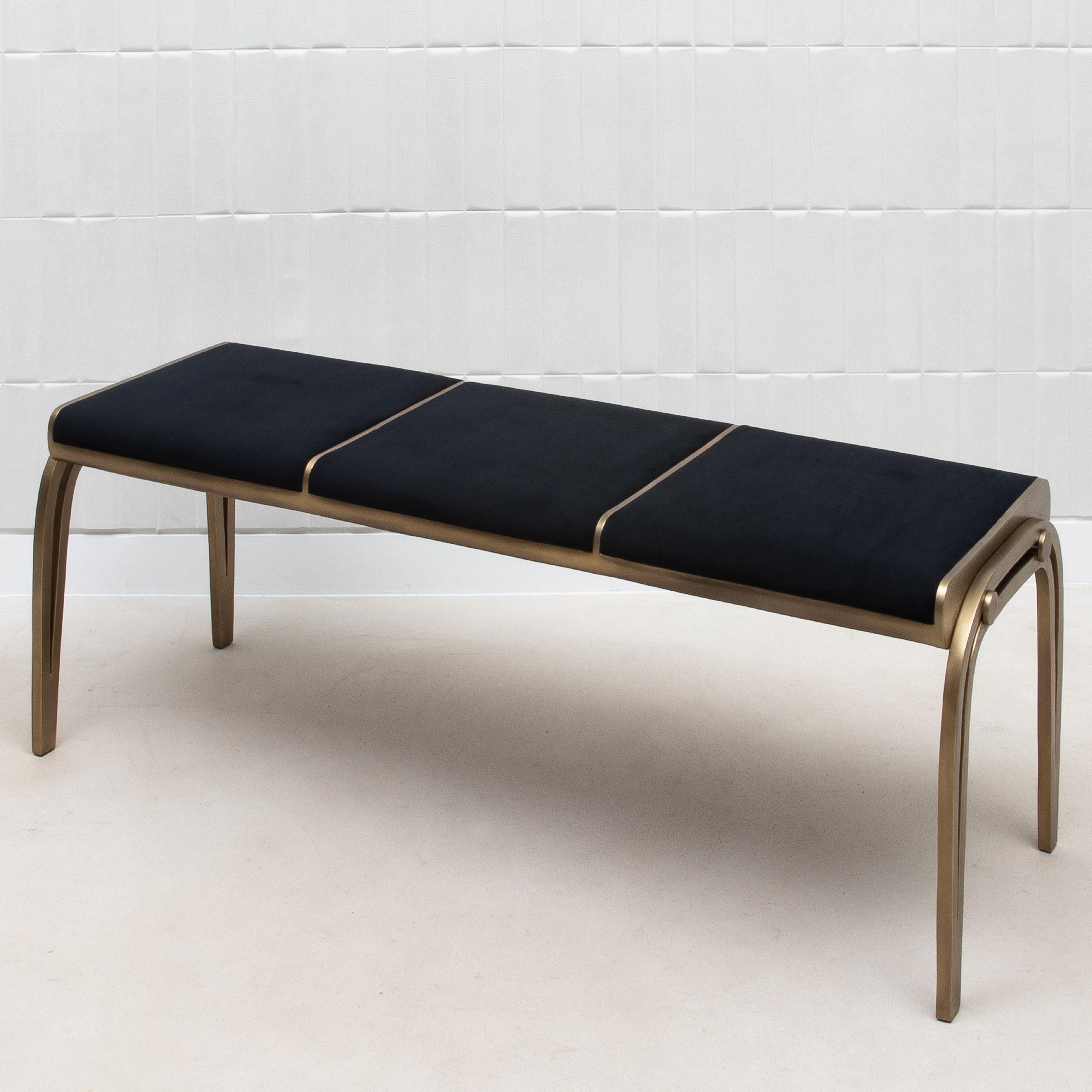 Upholstered Black Velvet Bench with Bronze Patina Brass Detail by R&Y Augousti For Sale 1