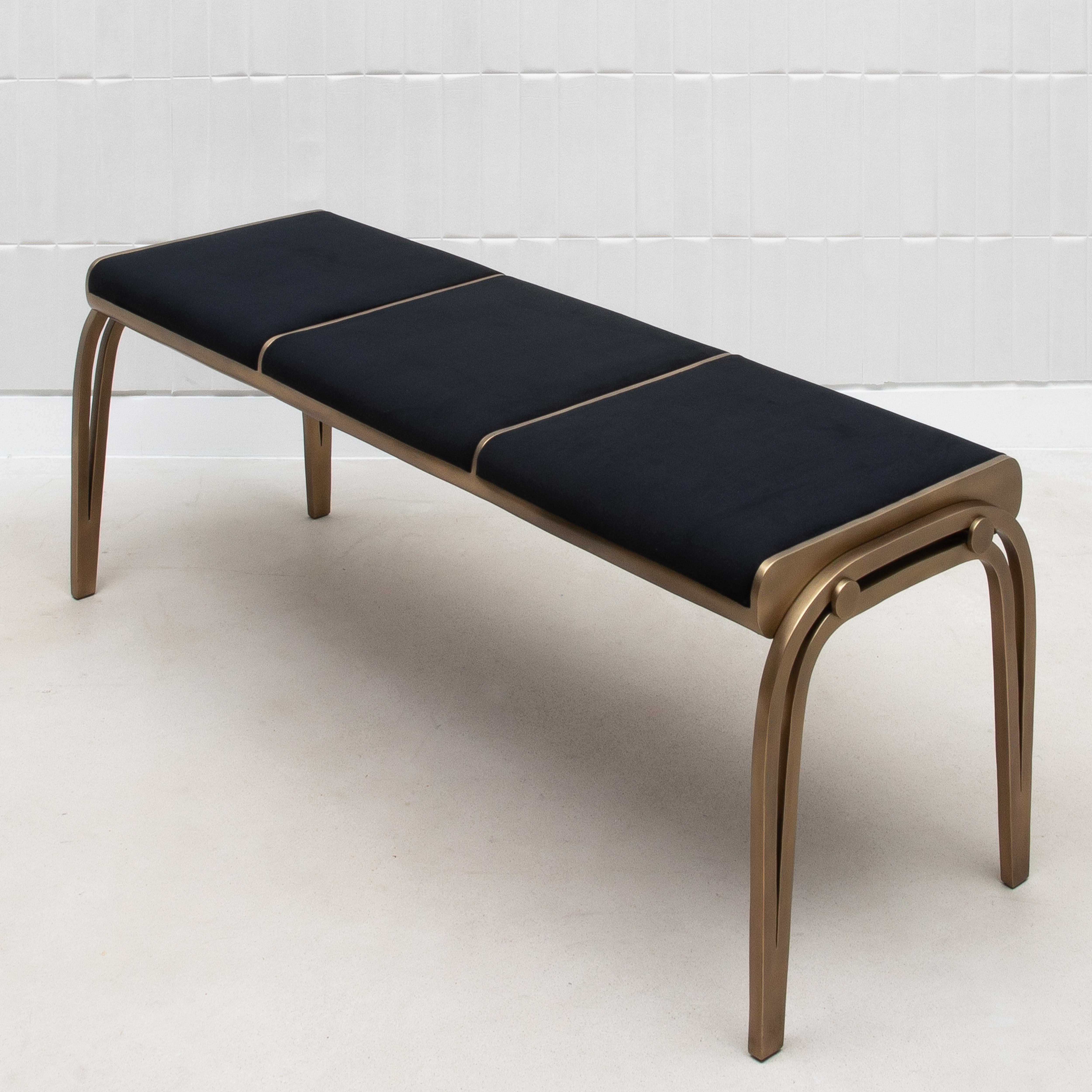 Upholstered Black Velvet Bench with Bronze Patina Brass Detail by R&Y Augousti For Sale 2
