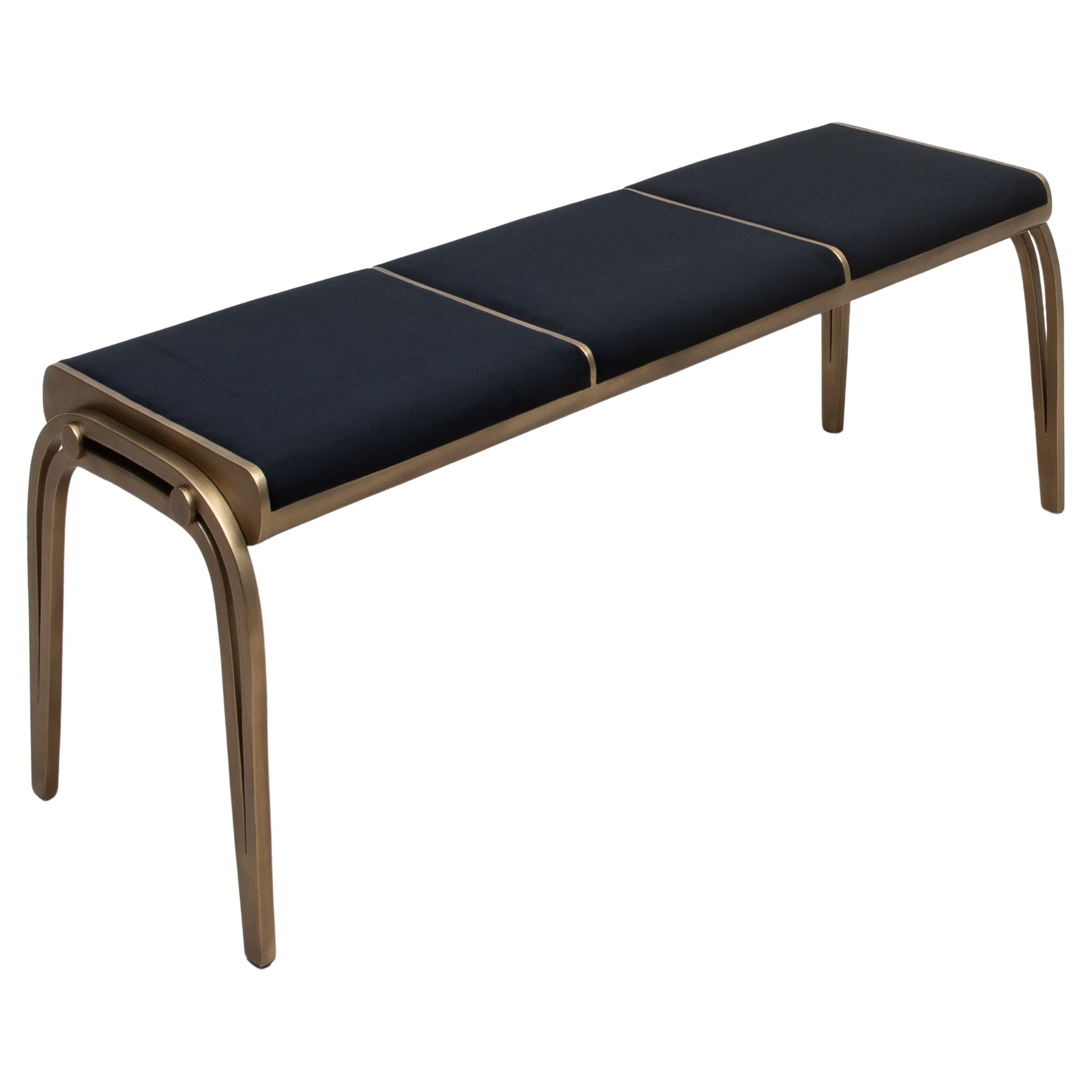 Upholstered Black Velvet Bench with Bronze Patina Brass Detail by R&Y Augousti