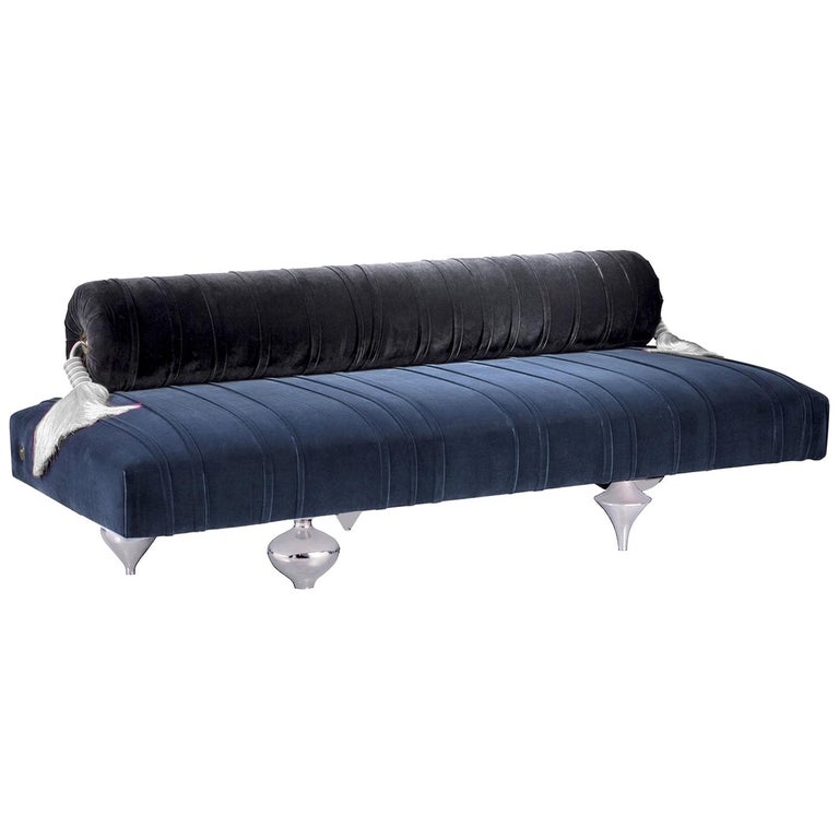 In Stock in Los Angeles, Upholstered Blue Velvet Lounge Sofa, Made in
