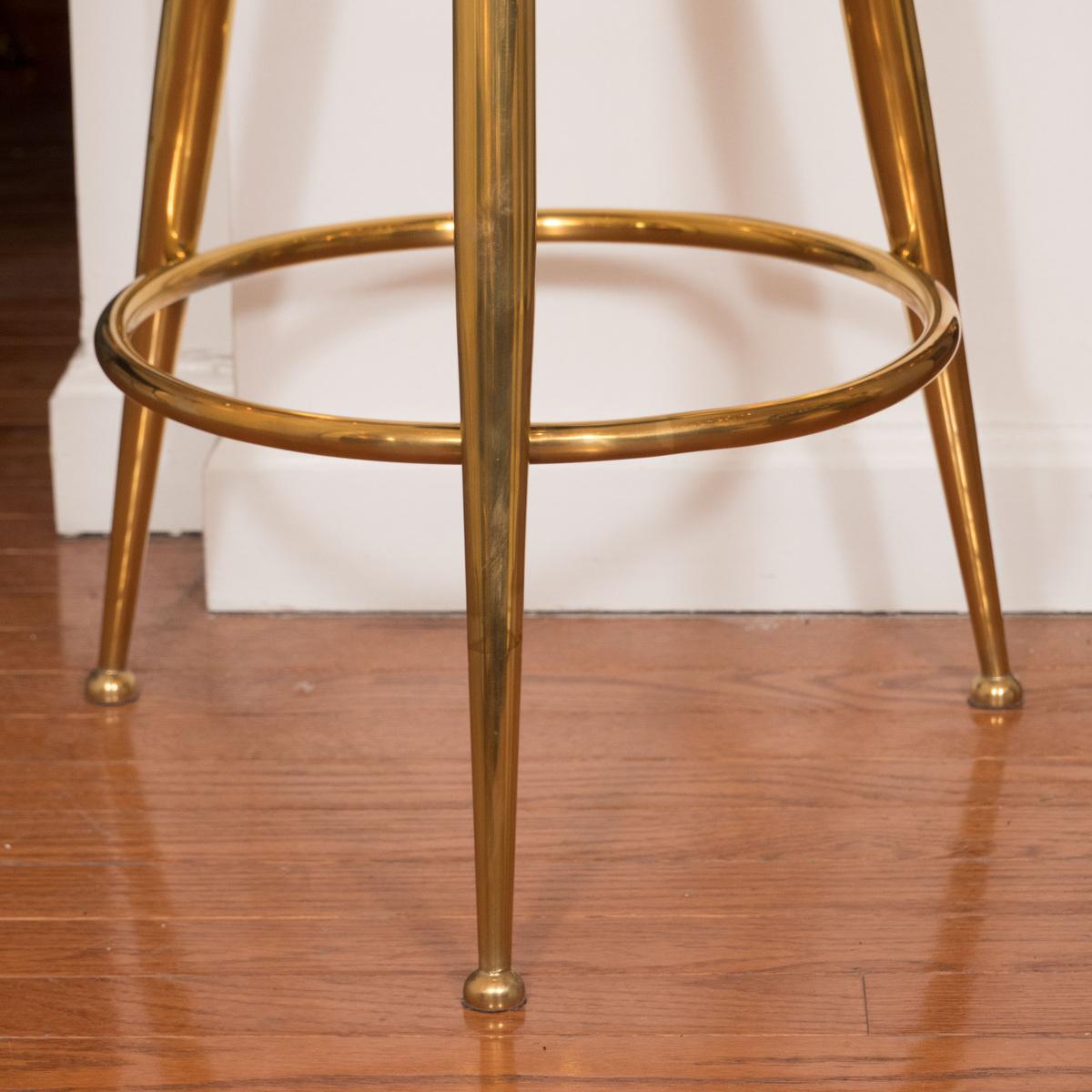 Upholstered Brass Tripod Stools In Good Condition For Sale In New York, NY