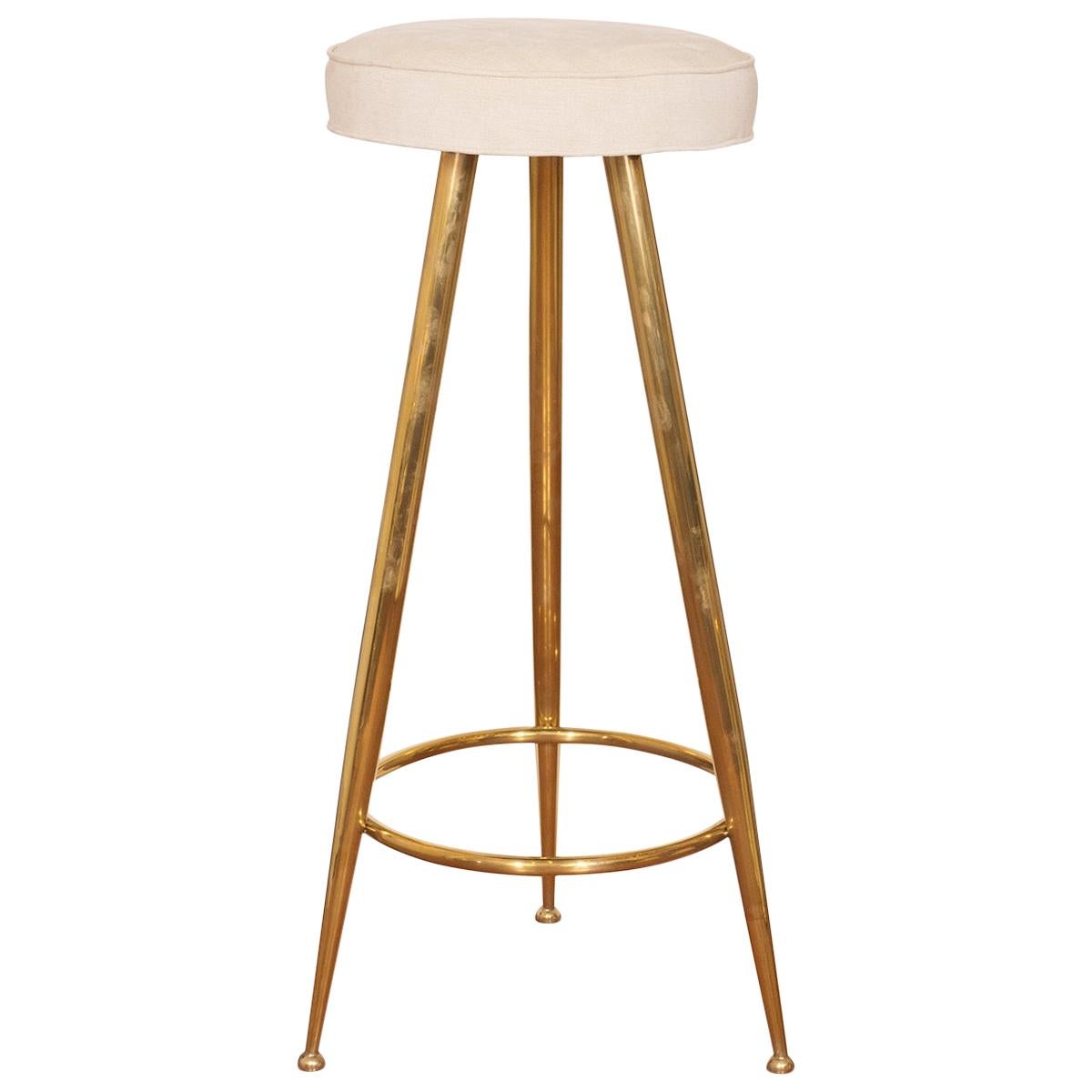 Upholstered Brass Tripod Stools For Sale
