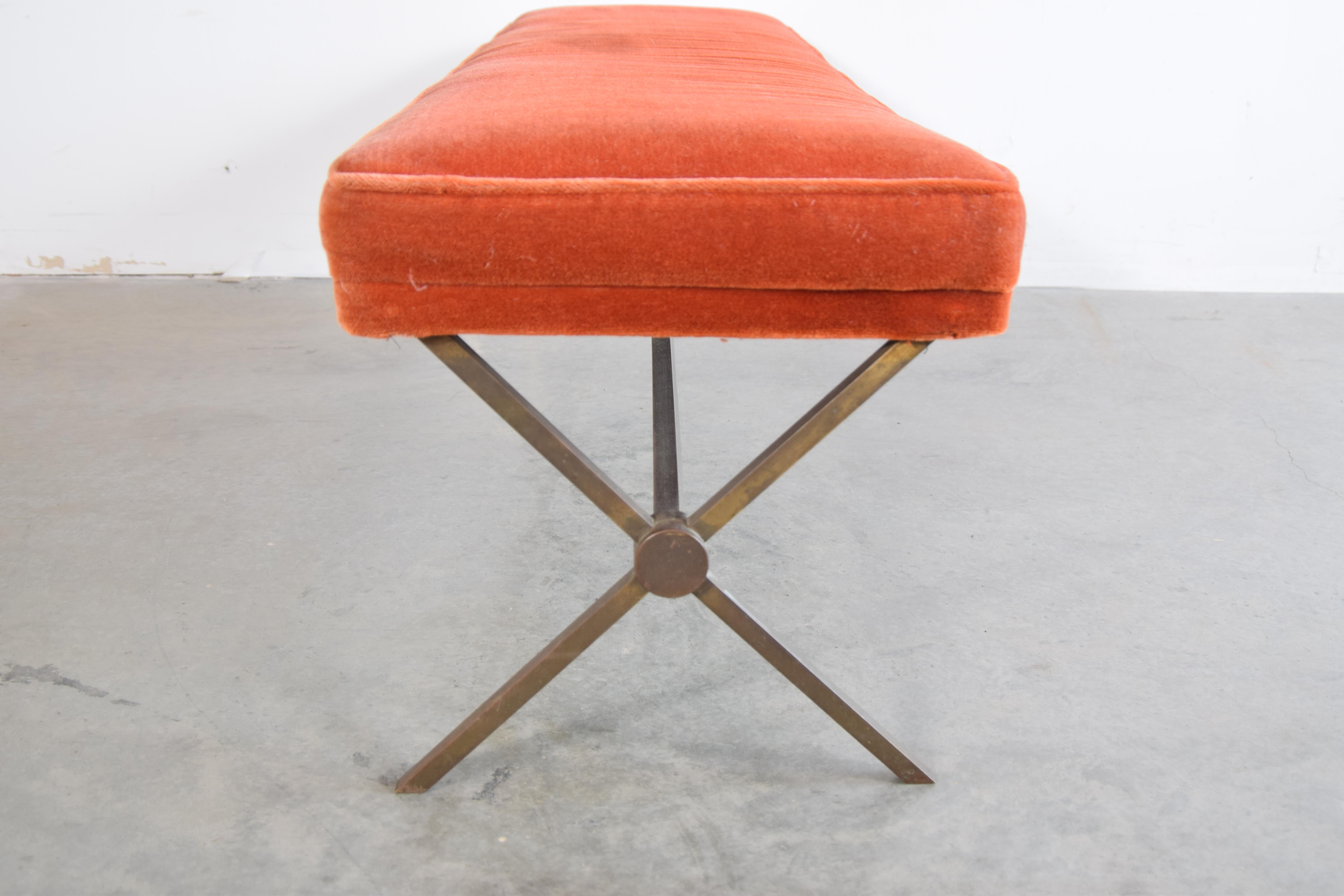 Fabric Upholstered Bronze Bench in the Manner of Tommi Parzinger