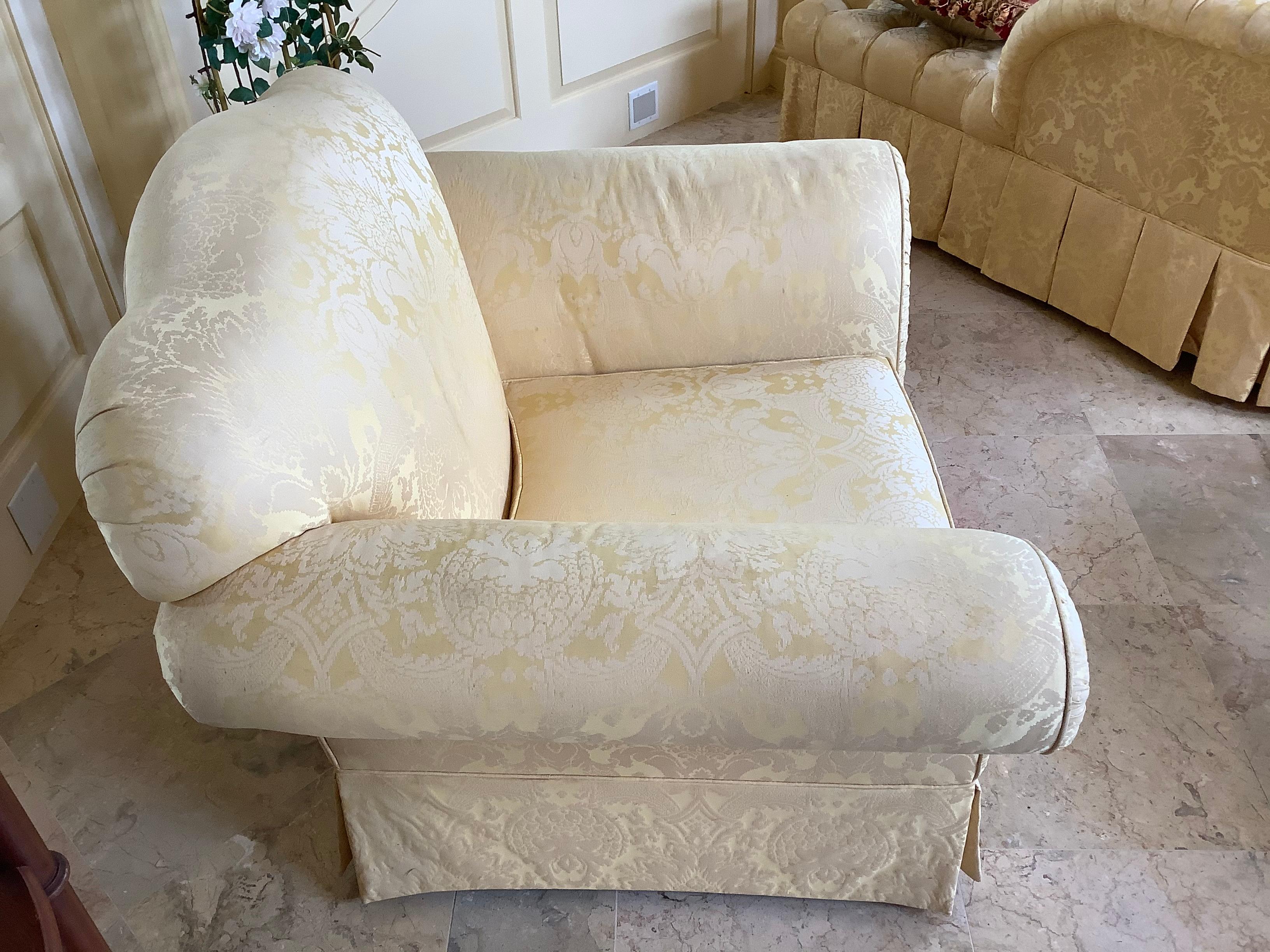 American Upholstered Club Chair in a Yellow Damask Fabric, 20th Century