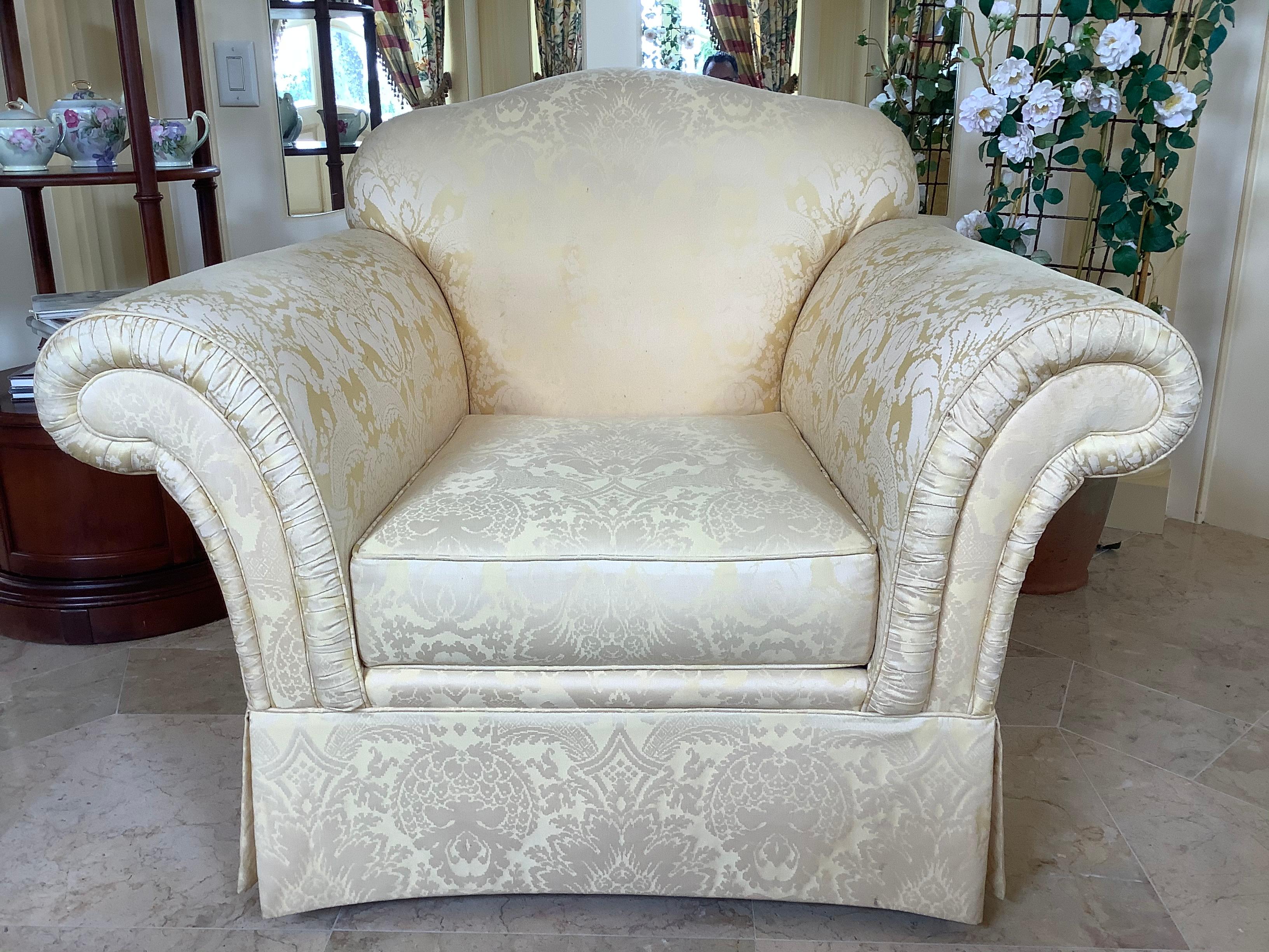 Upholstery Upholstered Club Chair in a Yellow Damask Fabric, 20th Century