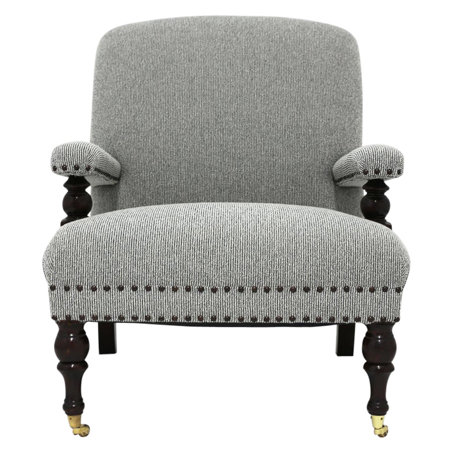 Upholstered Club Chair Shown in Tweed Fabric with Nailhead Trim and Carved For Sale