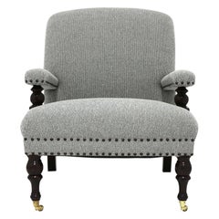 Upholstered Club Chair Shown in Tweed Fabric with Nailhead Trim and Carved