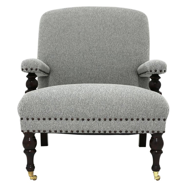 Upholstered Club Chair Shown in Tweed Fabric with Nailhead Trim and Carved For Sale at 1stDibs