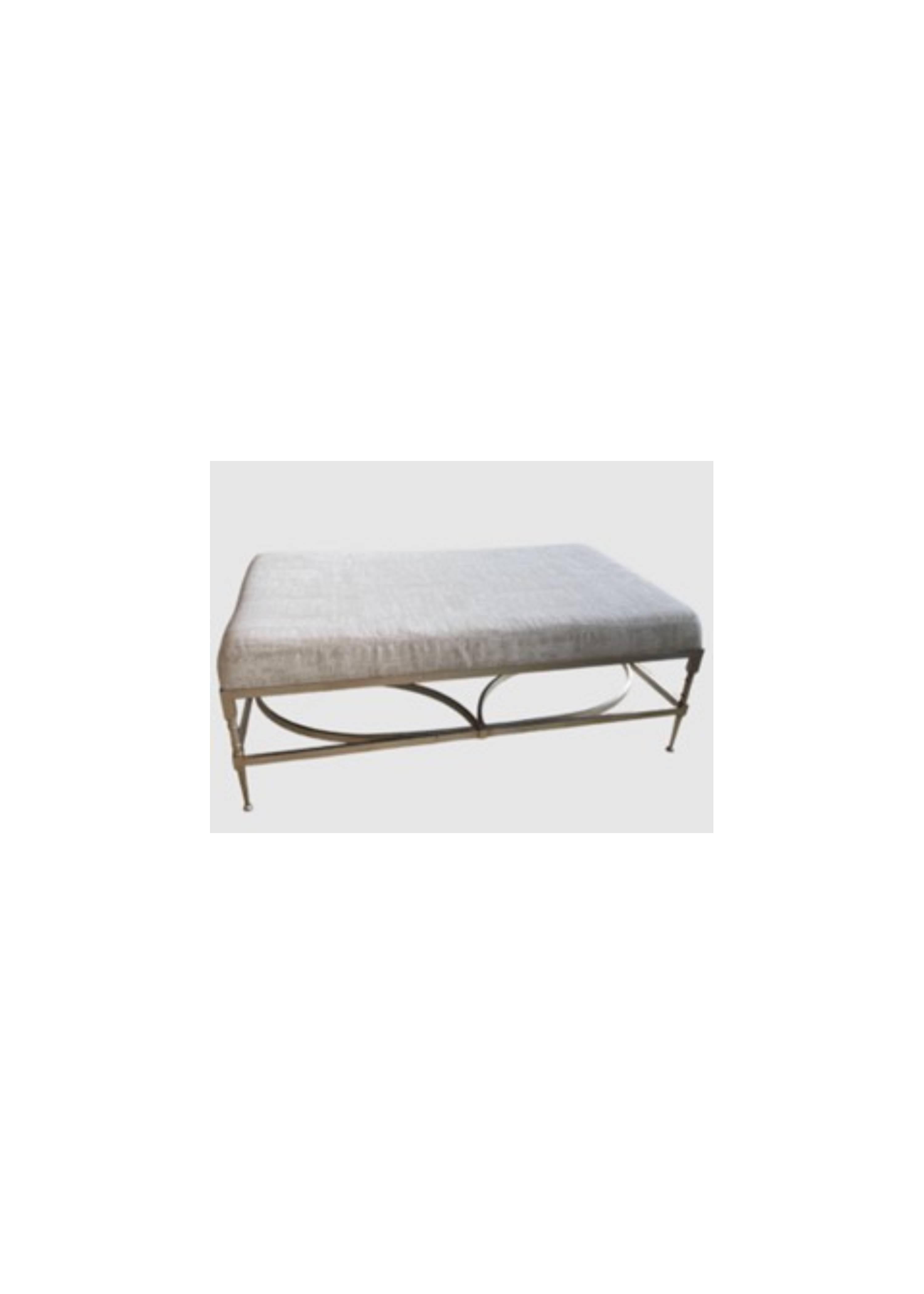 This rectangle coffee table, tightly upholstered an attractive neutral performance fabric, has a visually appealing geometric oval-within-a- rectangle sturdy nickel frame. 