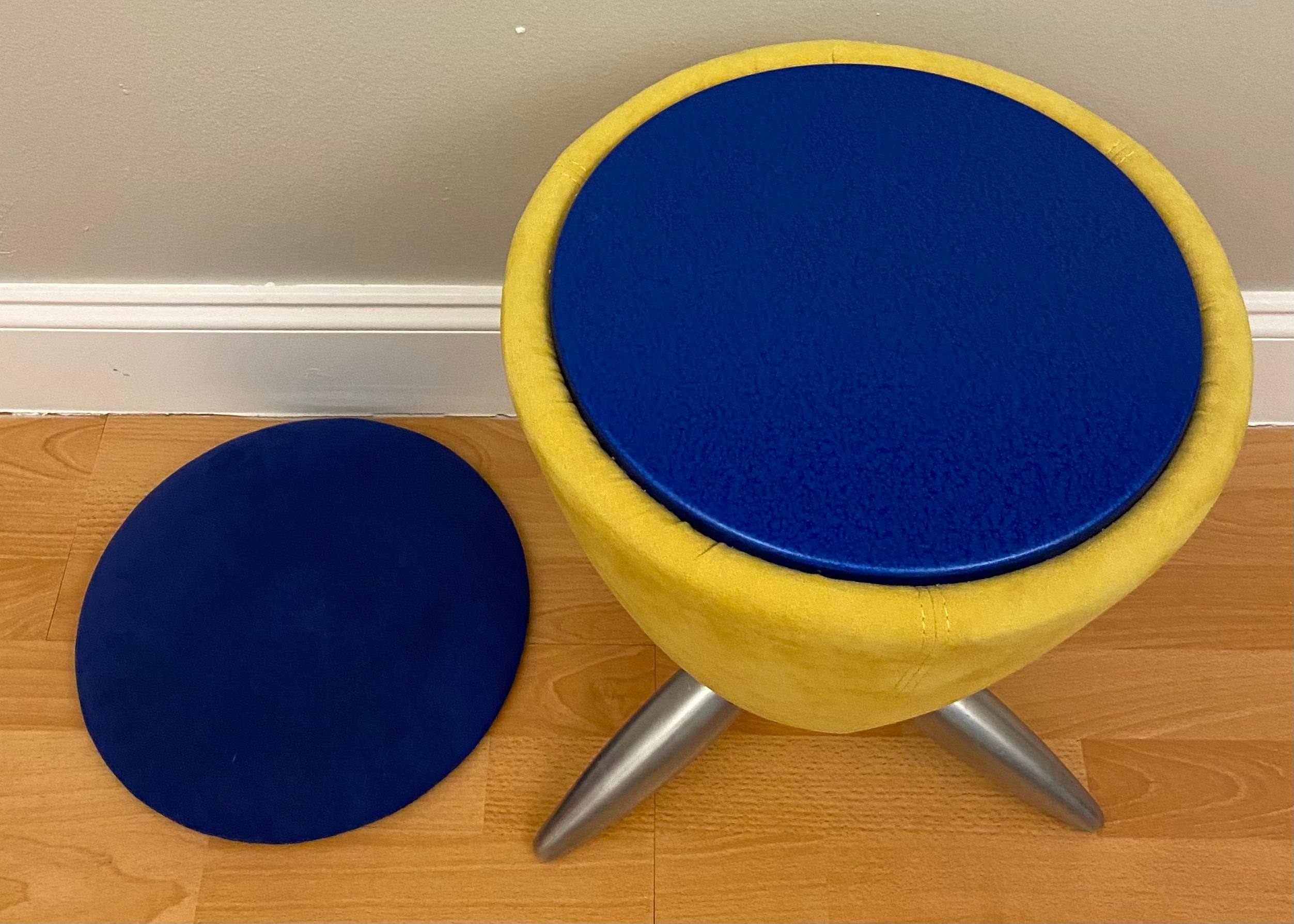 Stylish cone table stool in the manner of Verner Panton's low cone stool.
This lovely piece would look great in a contemporary or modern setting. 

The blue upholstered top makes a nice stool for extra seating. 
Remove and it's a side table between