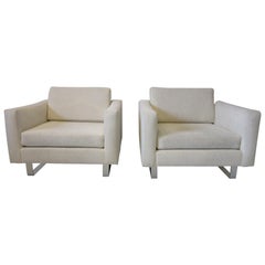 Upholstered Cube Lounge Chairs in the Style of Milo Baughman