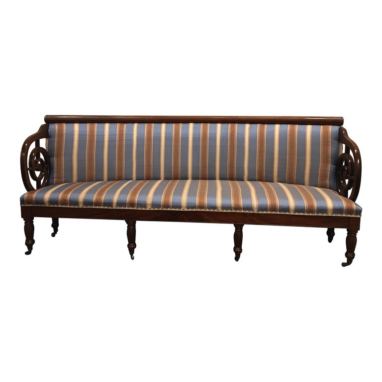 Upholstered Charles X Mahogany Sofa on Casters, 19th Century For Sale