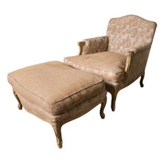 Antique Upholstered Damask Arm Chair and Ottoman