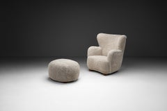 Upholstered Danish Modern Armchair with Footstool, Denmark ca 1950s