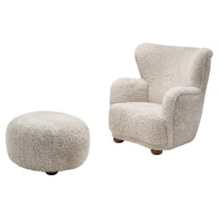 Upholstered Danish Modern Armchair with Footstool, Denmark ca 1950s