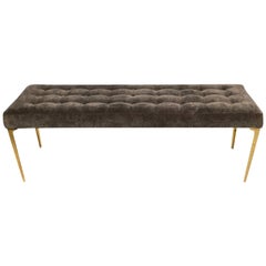 Upholstered Dark Grey Bench with Brass Tapered Legs