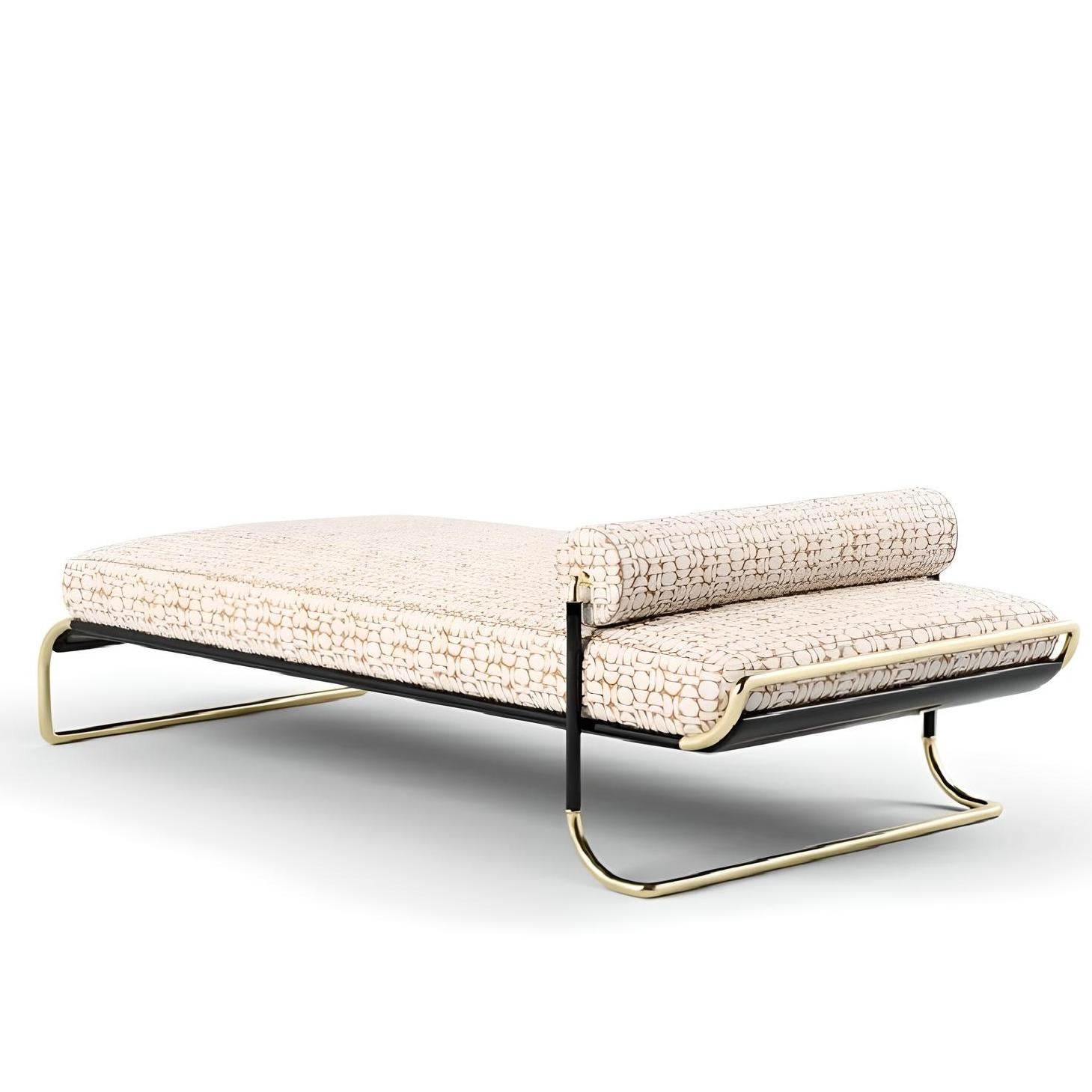 Presenting a breathtaking day bed exuding timeless elegance in its design. Combining brass craftsmanship with lacquered panels, its structure features gracefully curved cylindrical brass elements adorned with lacquered finishes. Ideal for both