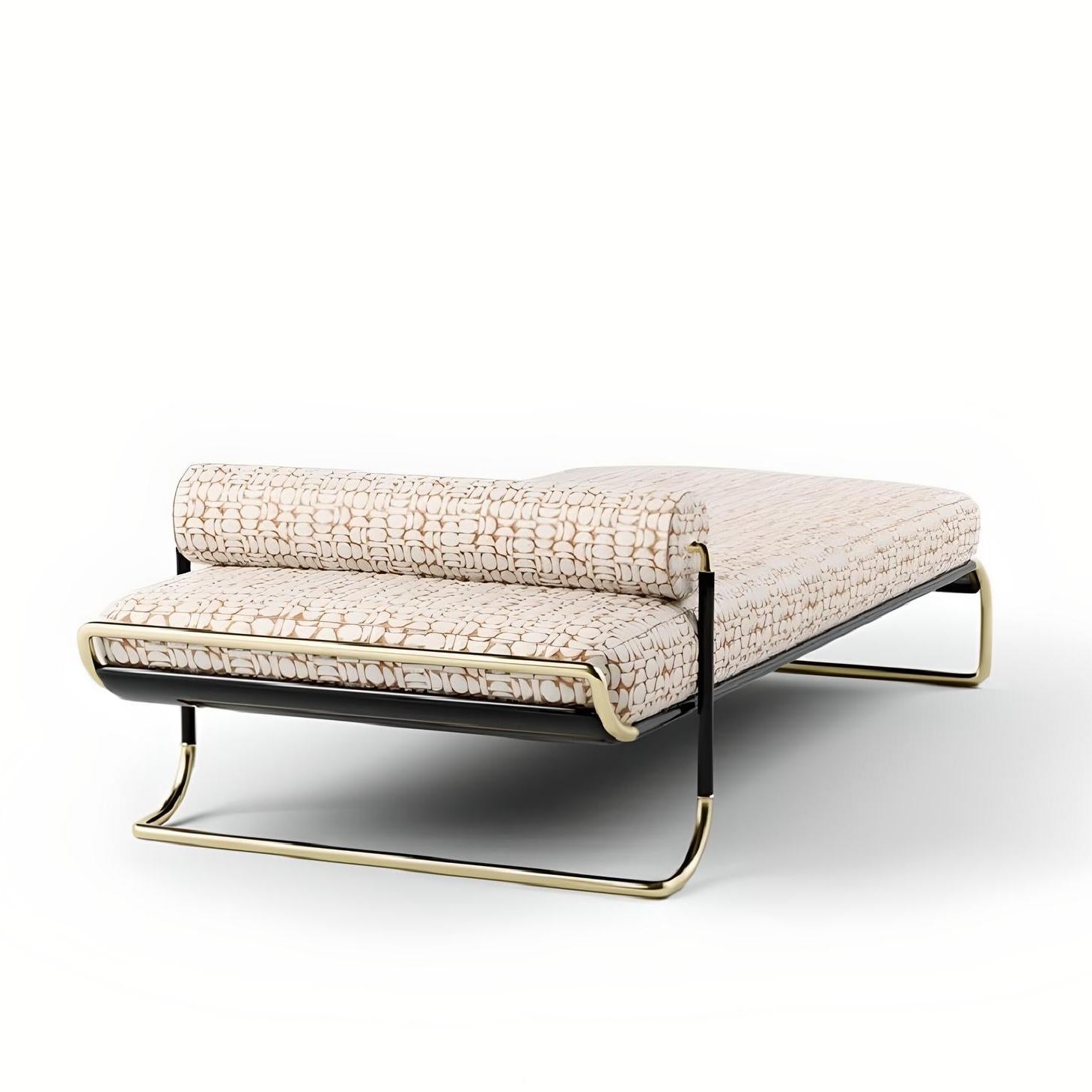 Modern Upholstered Daybed Featuring Curved Cylindrical Brass Elements Structure For Sale
