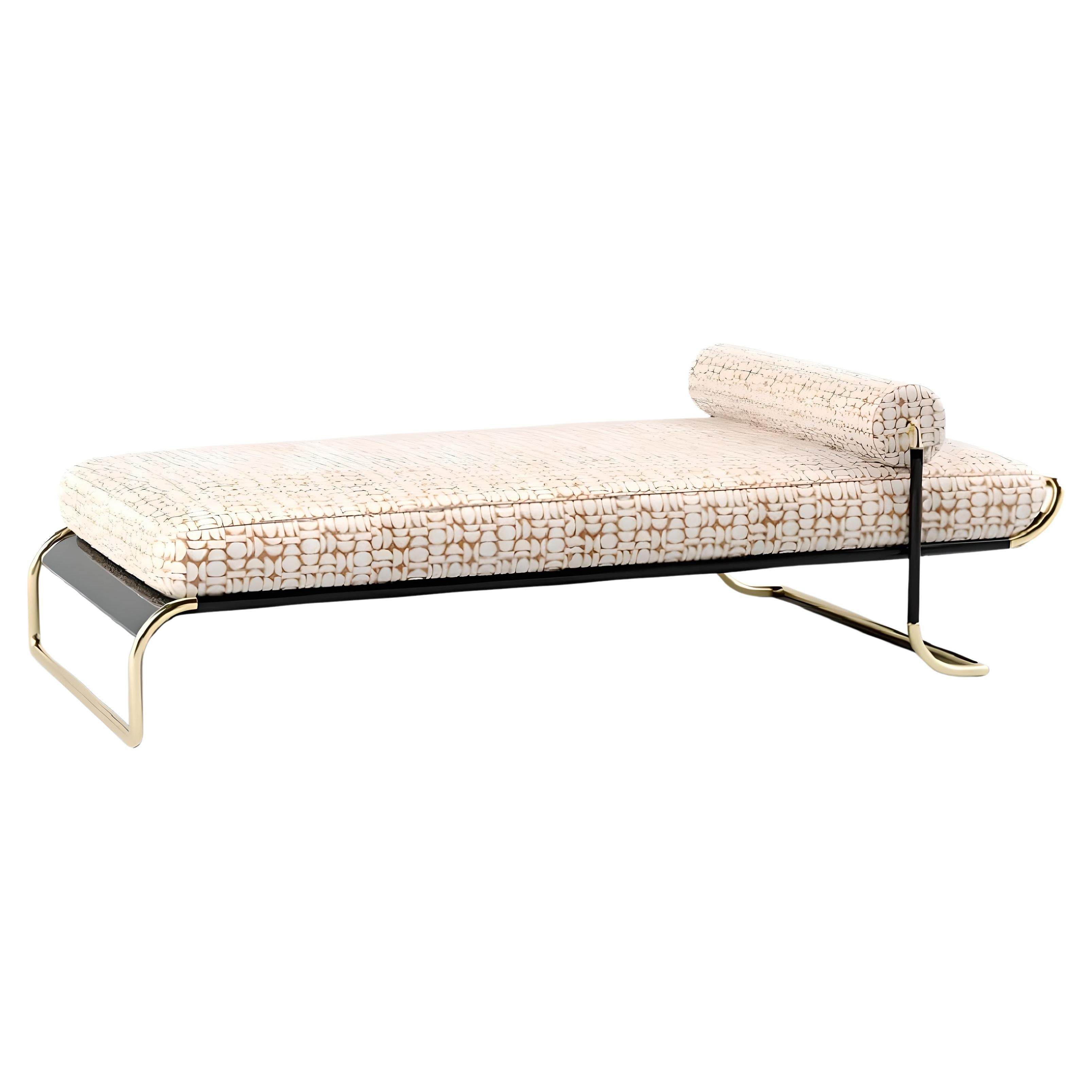 Upholstered Daybed Featuring Curved Cylindrical Brass Elements Structure For Sale