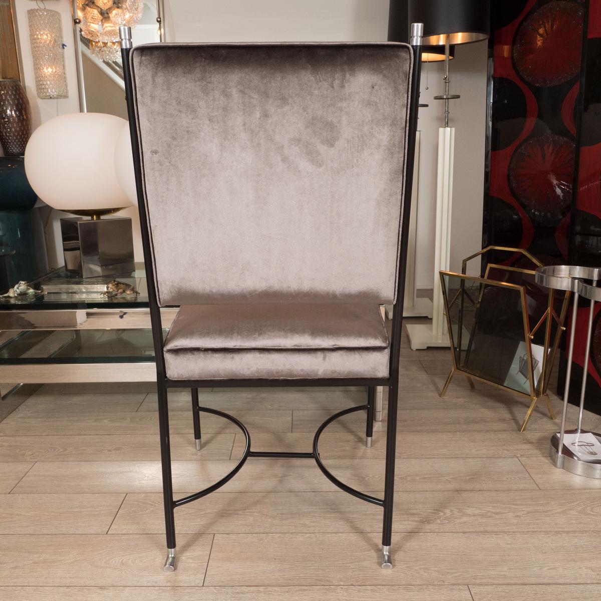 Italian Upholstered desk chair with stylized blackened frame For Sale